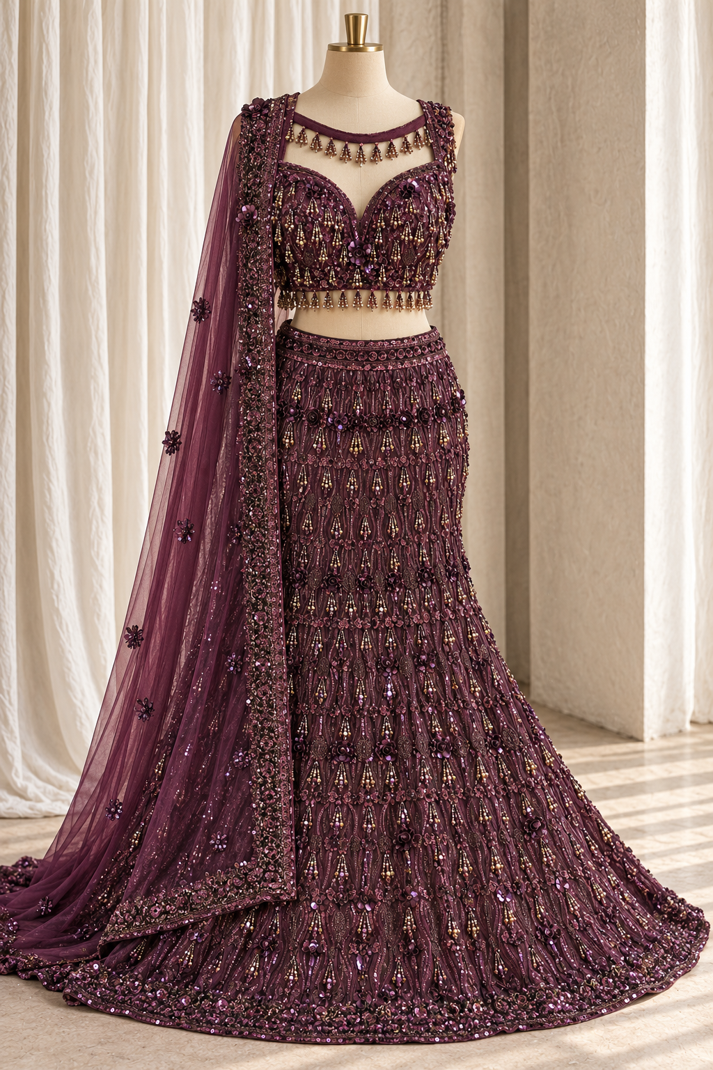 Telegenic Soft Net Fabric and Wine Color With Crystal Work Lehenga Choli