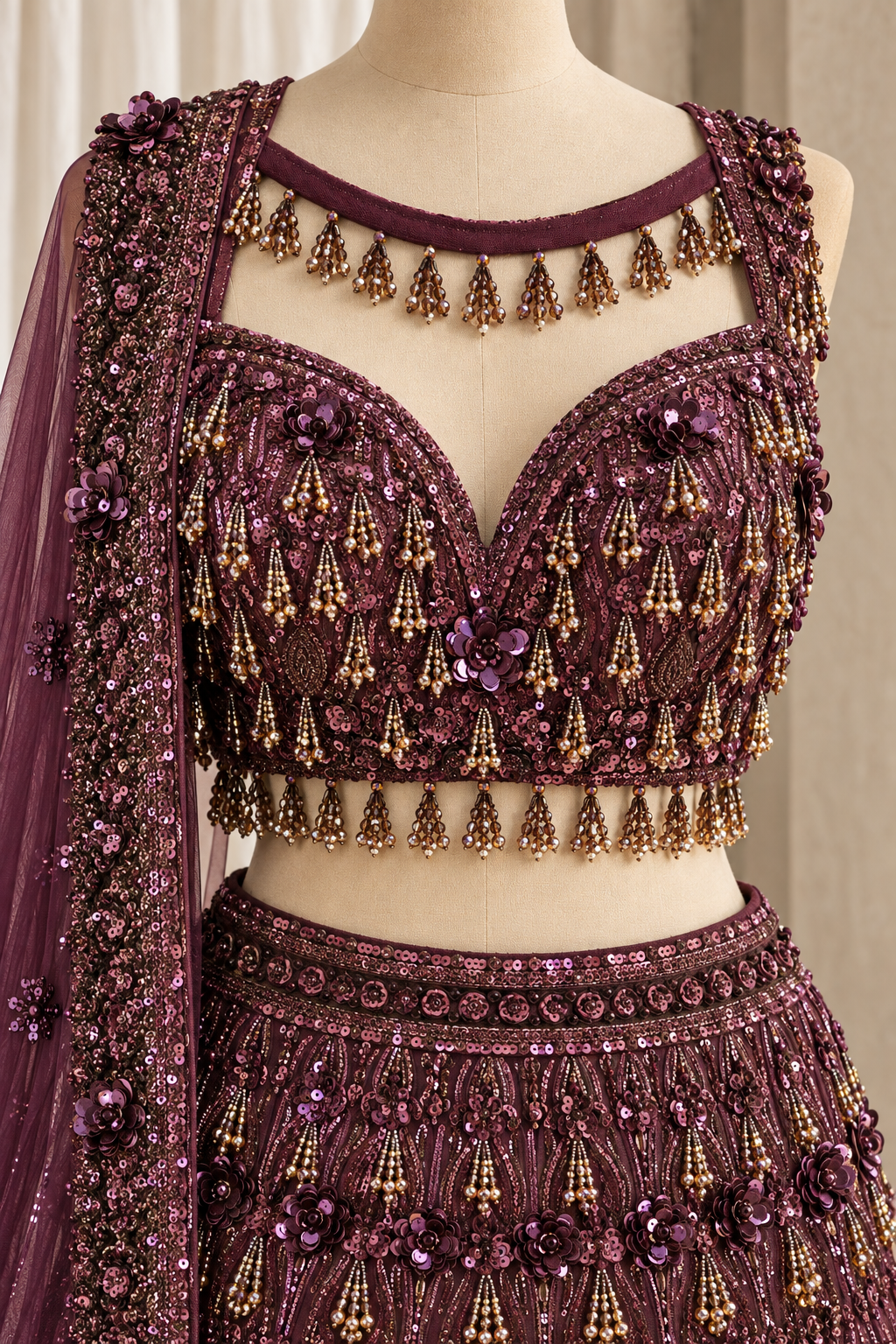 Telegenic Soft Net Fabric and Wine Color With Crystal Work Lehenga Choli