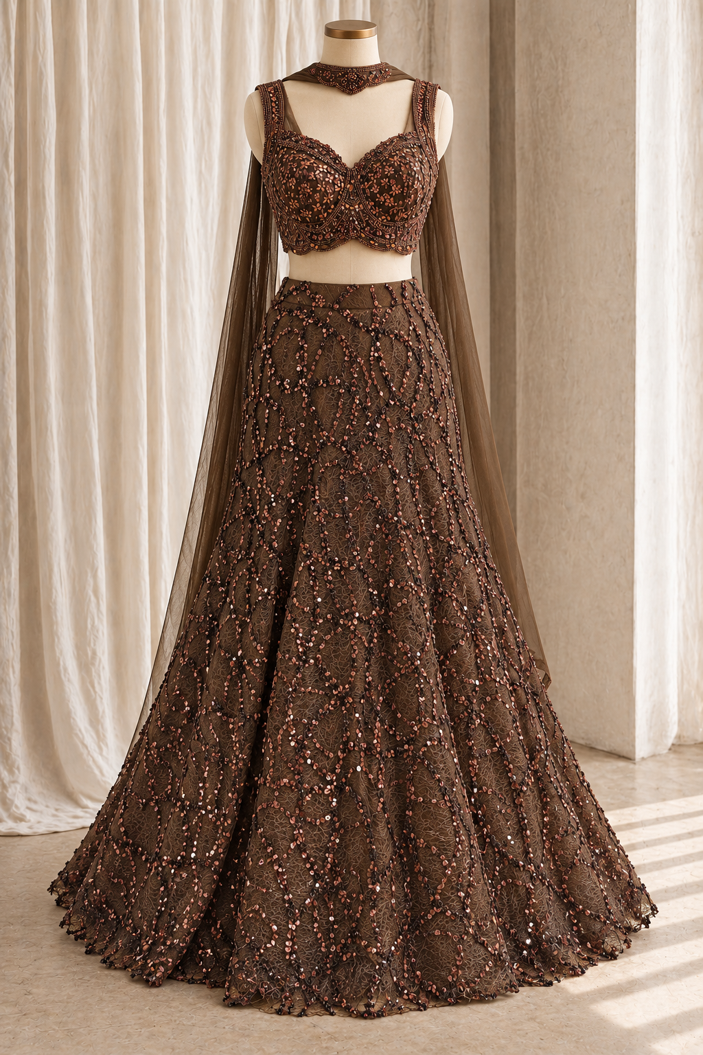 Beautiful Soft Net Fabric and Brown Color With Sequins Work Lehenga Choli