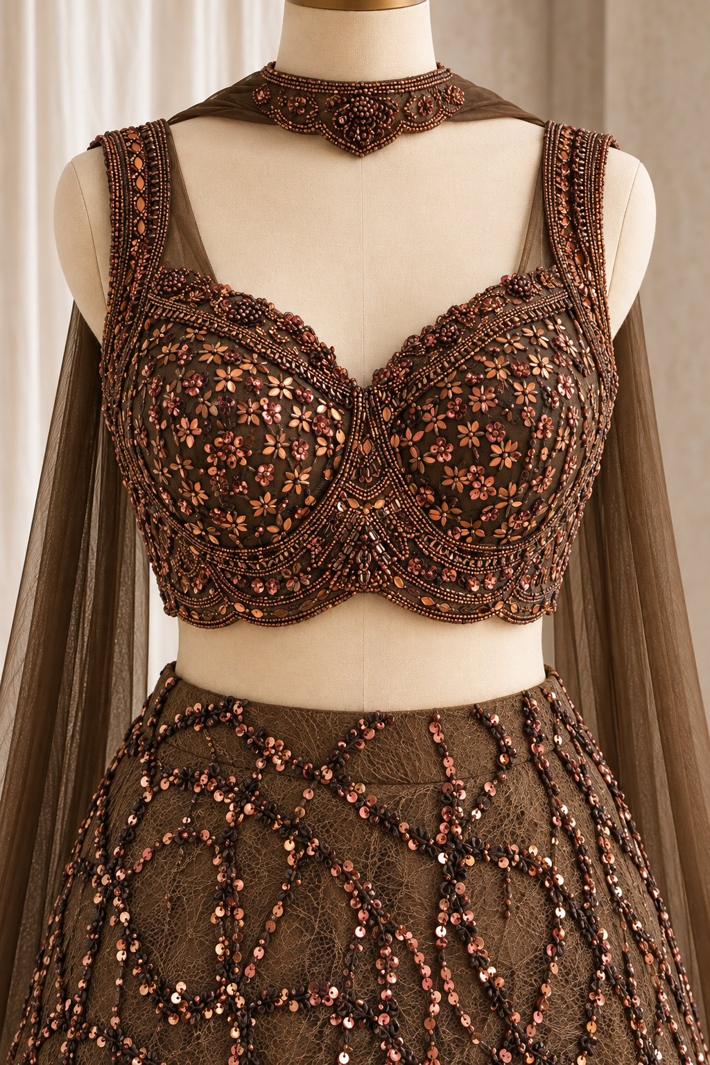 Beautiful Soft Net Fabric and Brown Color With Sequins Work Lehenga Choli