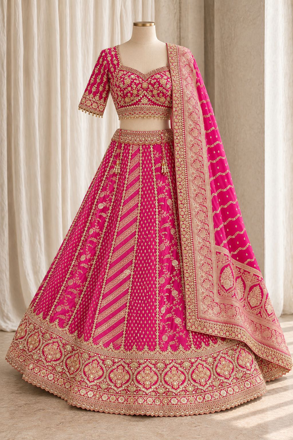 Flamboyant Banarasi Silk Fabric and Rani Color With Zari Weaving Work Lehenga Choli