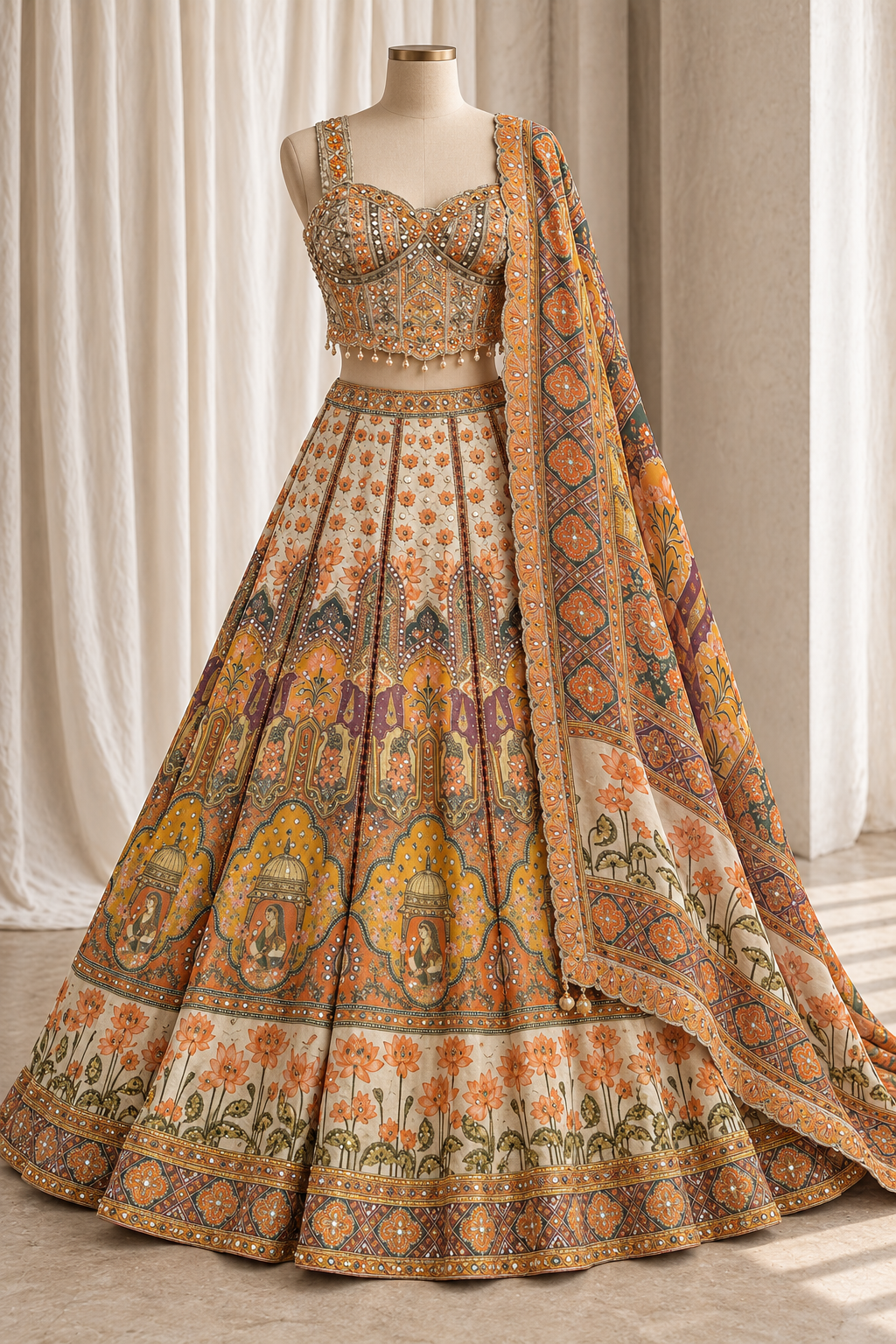 Showy Shimmer Fabric and Beige Color With Digital Print Work Lehenga Choli