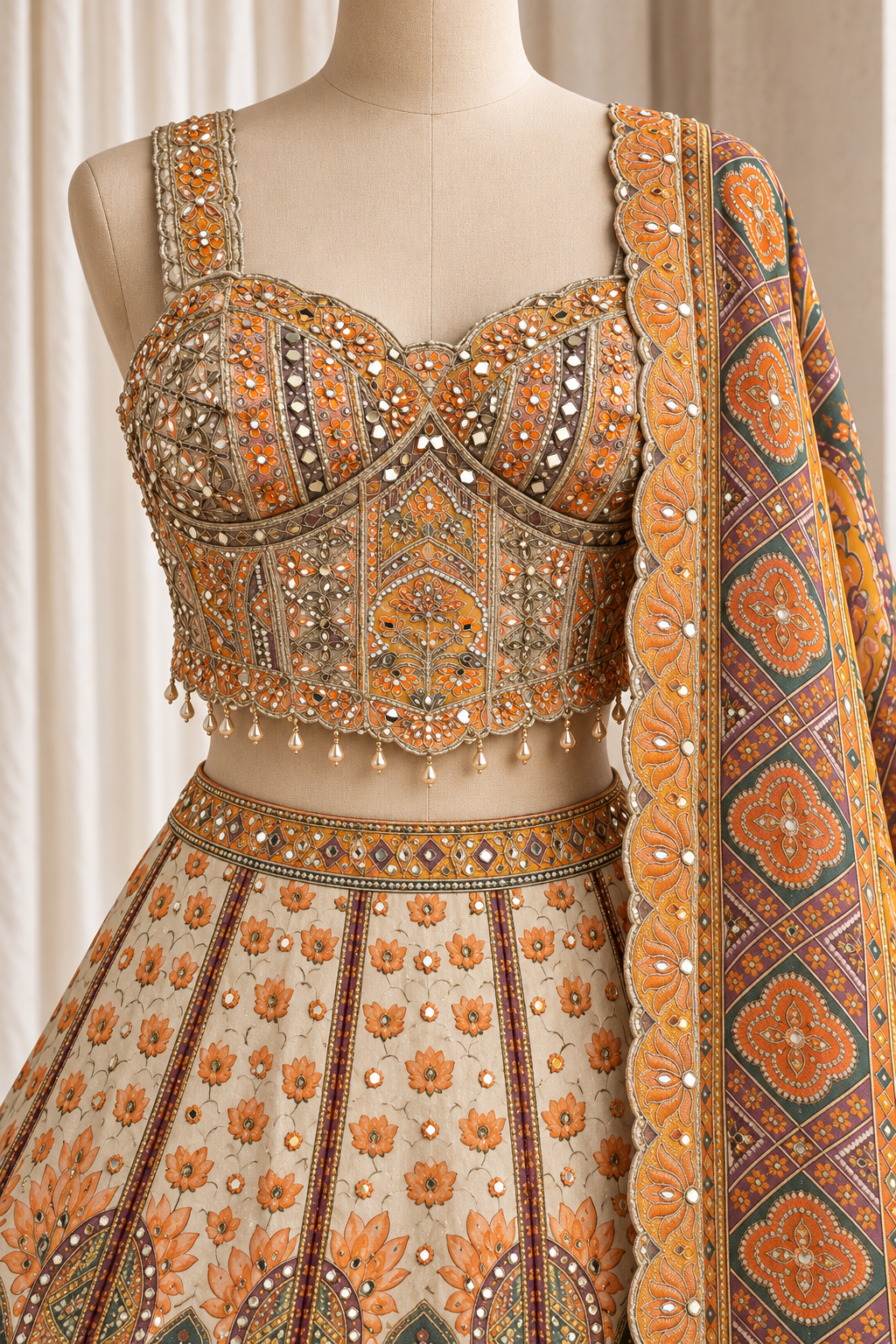 Showy Shimmer Fabric and Beige Color With Digital Print Work Lehenga Choli