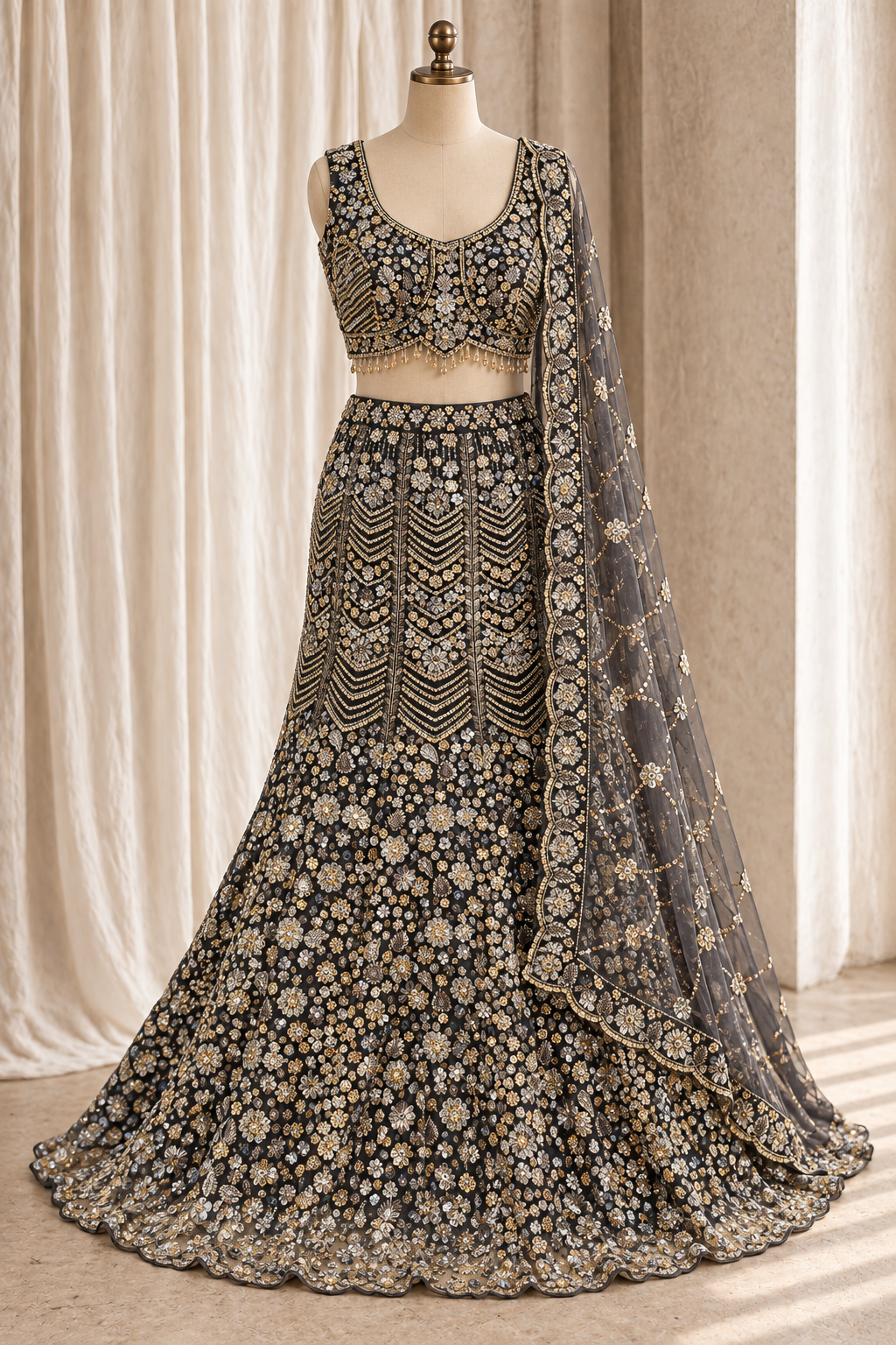 Glossy Soft Net Fabric and Grey Color With Sequins Work Fishcut Lehenga Choli