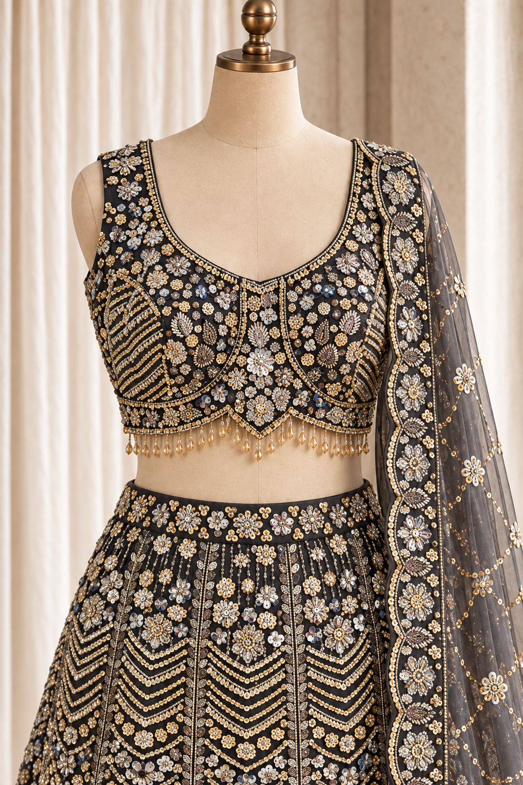 Glossy Soft Net Fabric and Grey Color With Sequins Work Fishcut Lehenga Choli