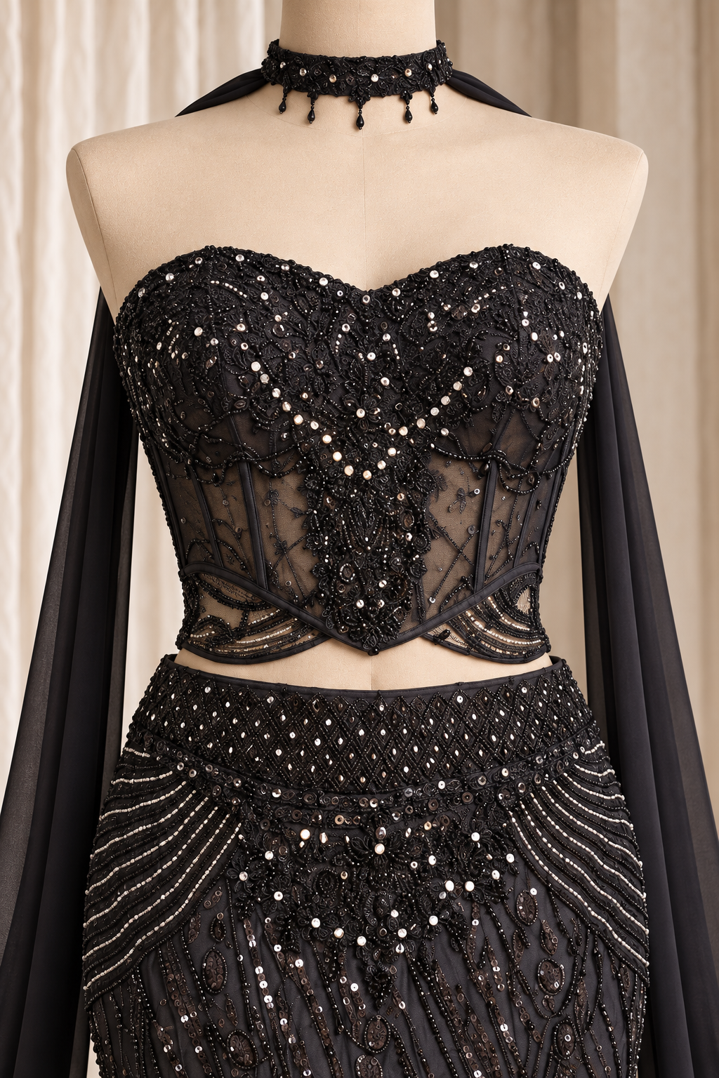 Dainty Soft Net Fabric and Black Color With Moti Work Fishcut Lehenga Choli