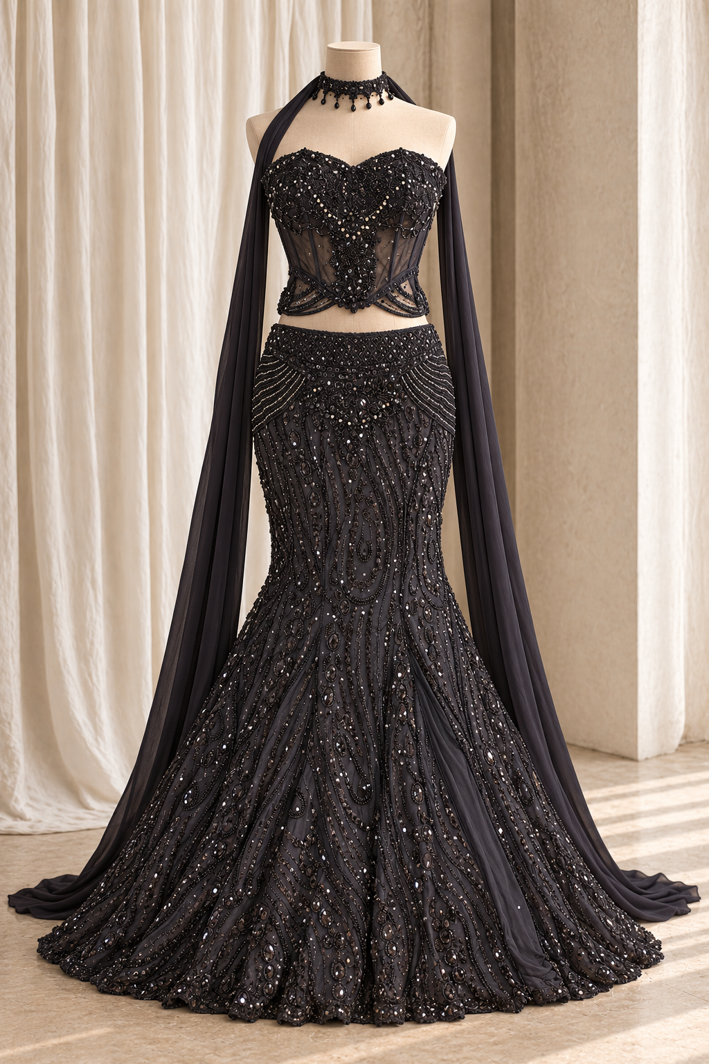 Dainty Soft Net Fabric and Black Color With Moti Work Fishcut Lehenga Choli