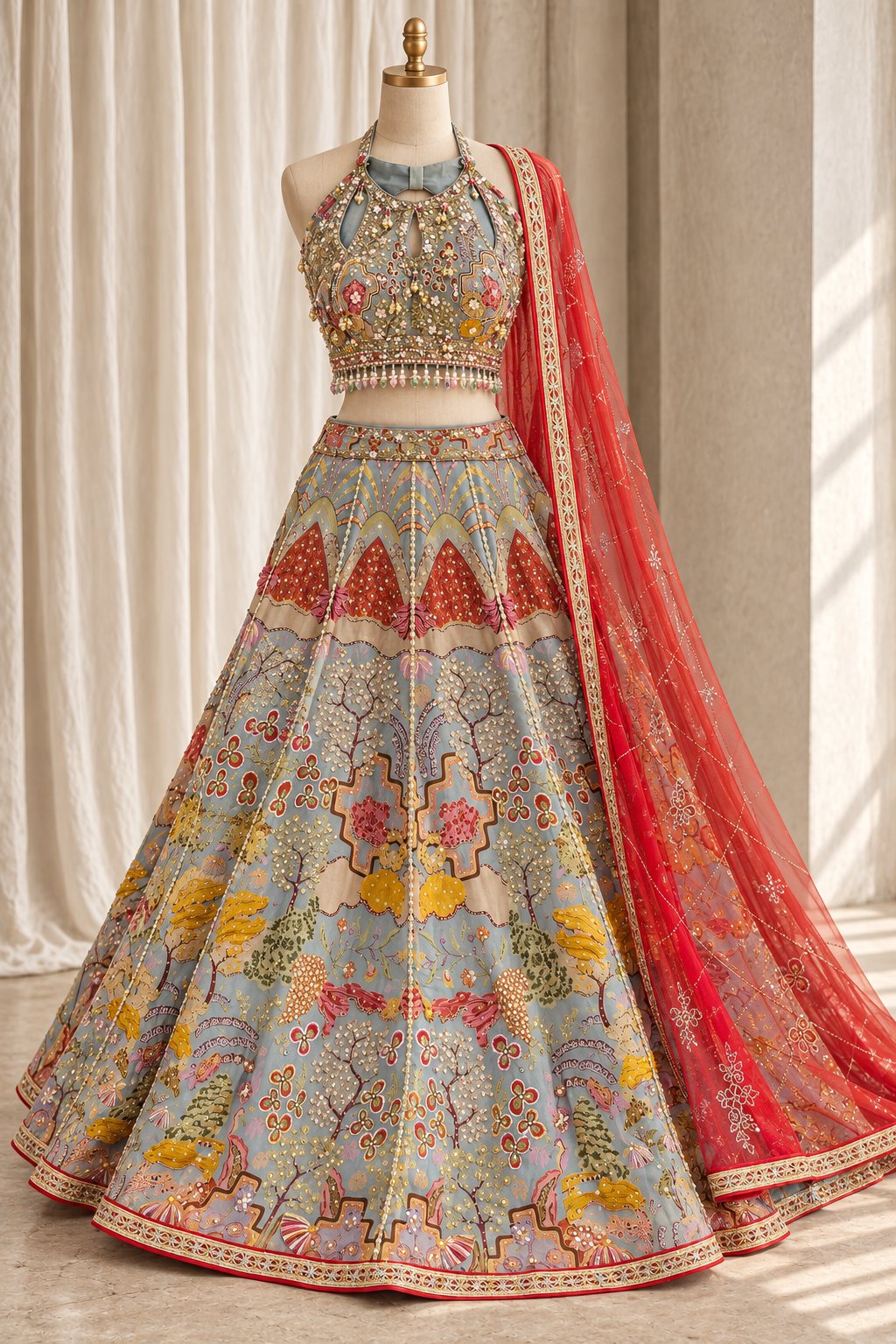 Superb Crepe Silk Fabric and Grey Color With Sequins Work With Lehenga Choli