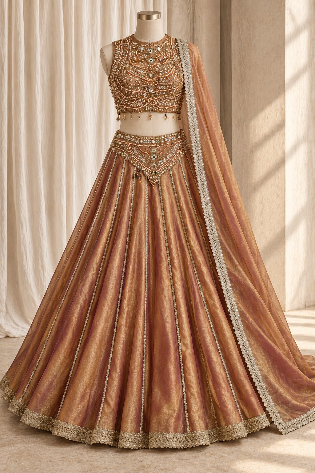 Designer Tissue Silk Fabric and Rust Color With Stone Work With Lehenga Choli