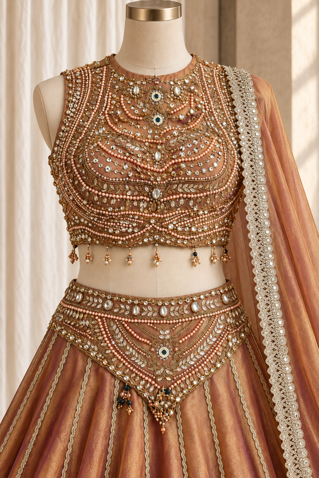 Designer Tissue Silk Fabric and Rust Color With Stone Work With Lehenga Choli