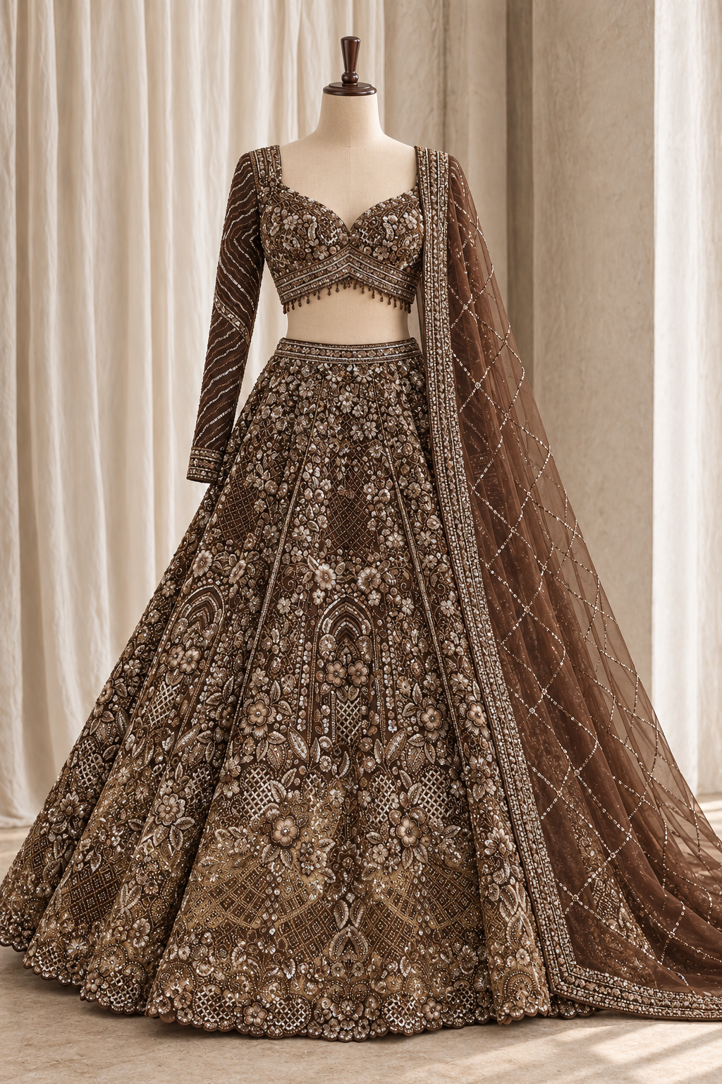 Attractive Soft Net Fabric and Browne Color With Sequins Work With Lehenga Choli