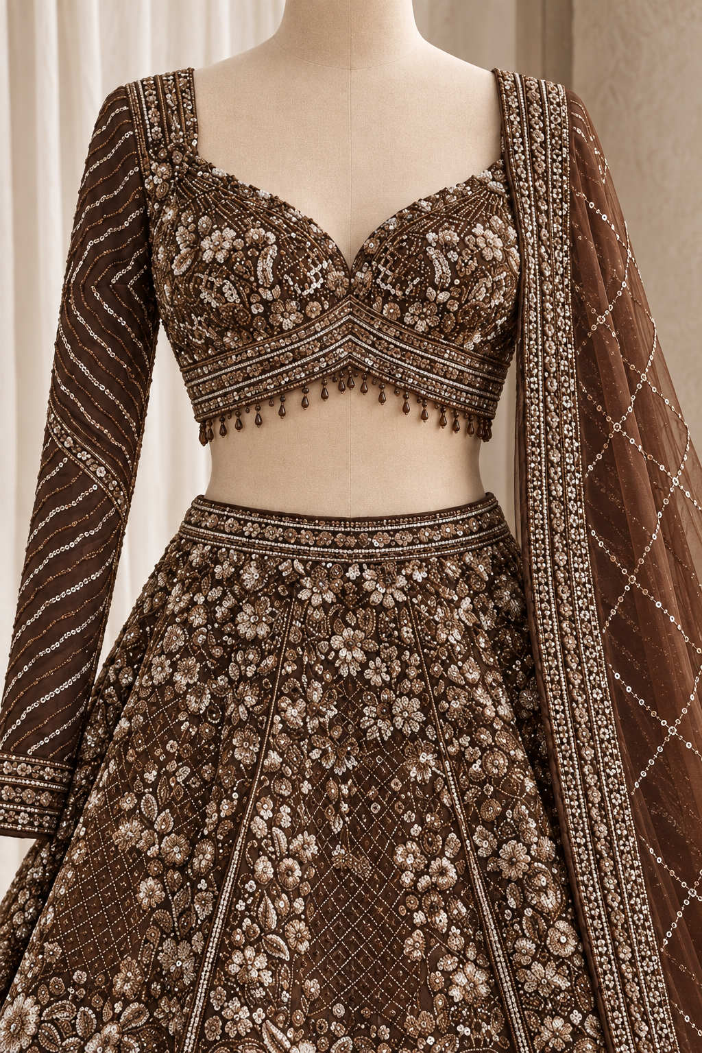 Attractive Soft Net Fabric and Browne Color With Sequins Work With Lehenga Choli