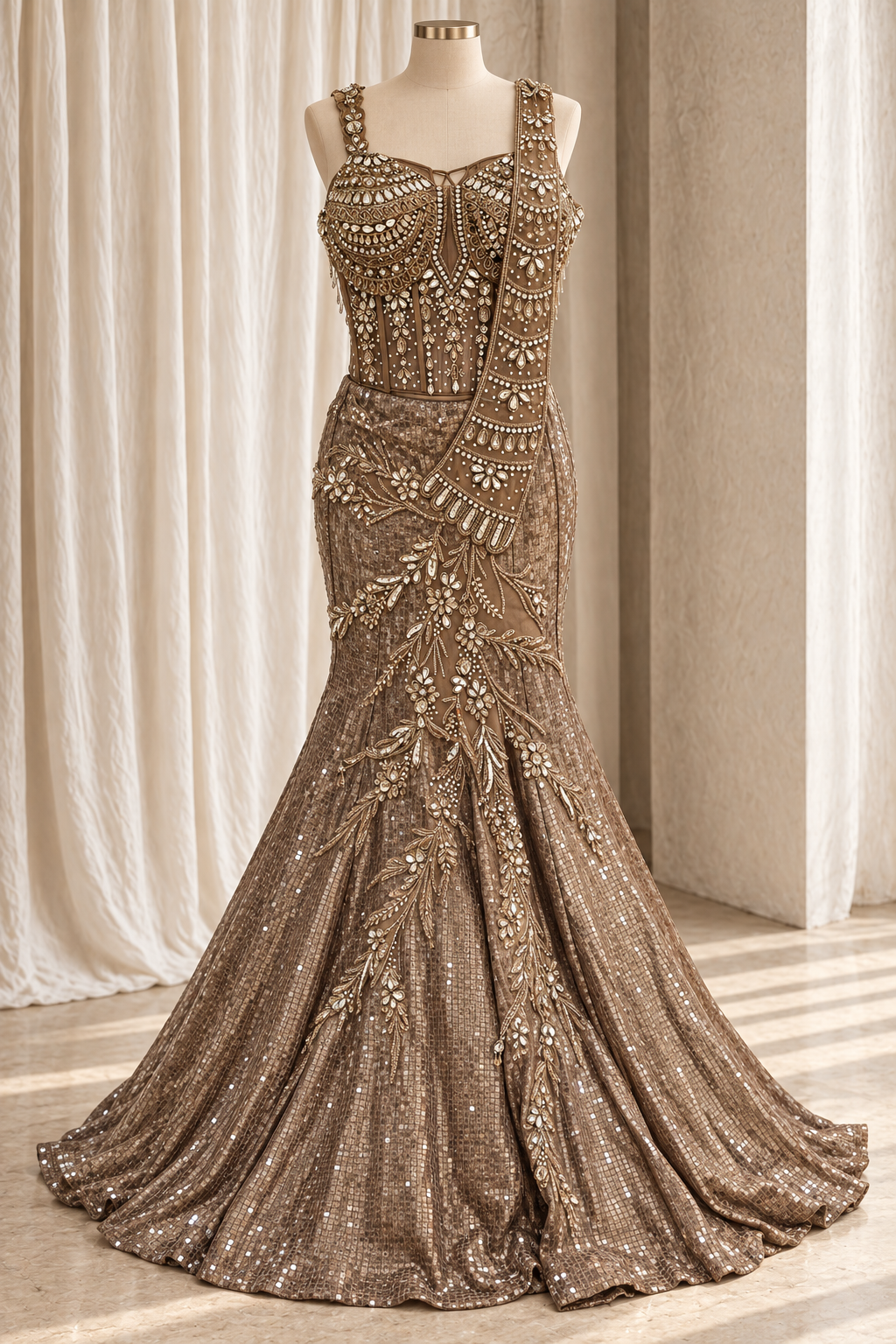 Adorable Soft Net Fabric and Browne Color With Sequins Work With Fishcut Lehenga Choli