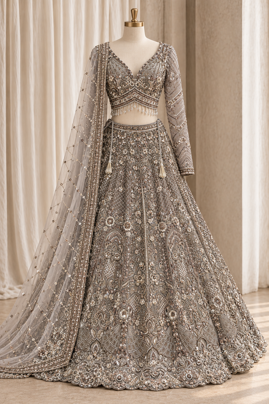 Outstanding Soft Net Fabric and Grey Color With Cutdana Work With Lehenga Choli