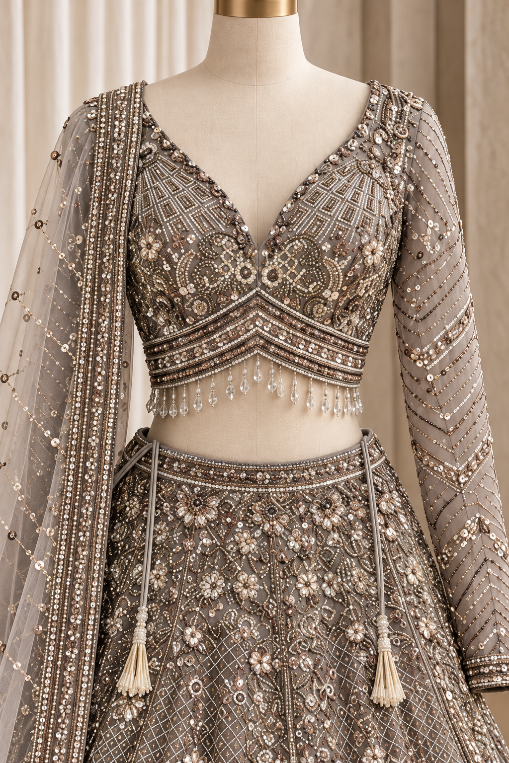 Outstanding Soft Net Fabric and Grey Color With Cutdana Work With Lehenga Choli