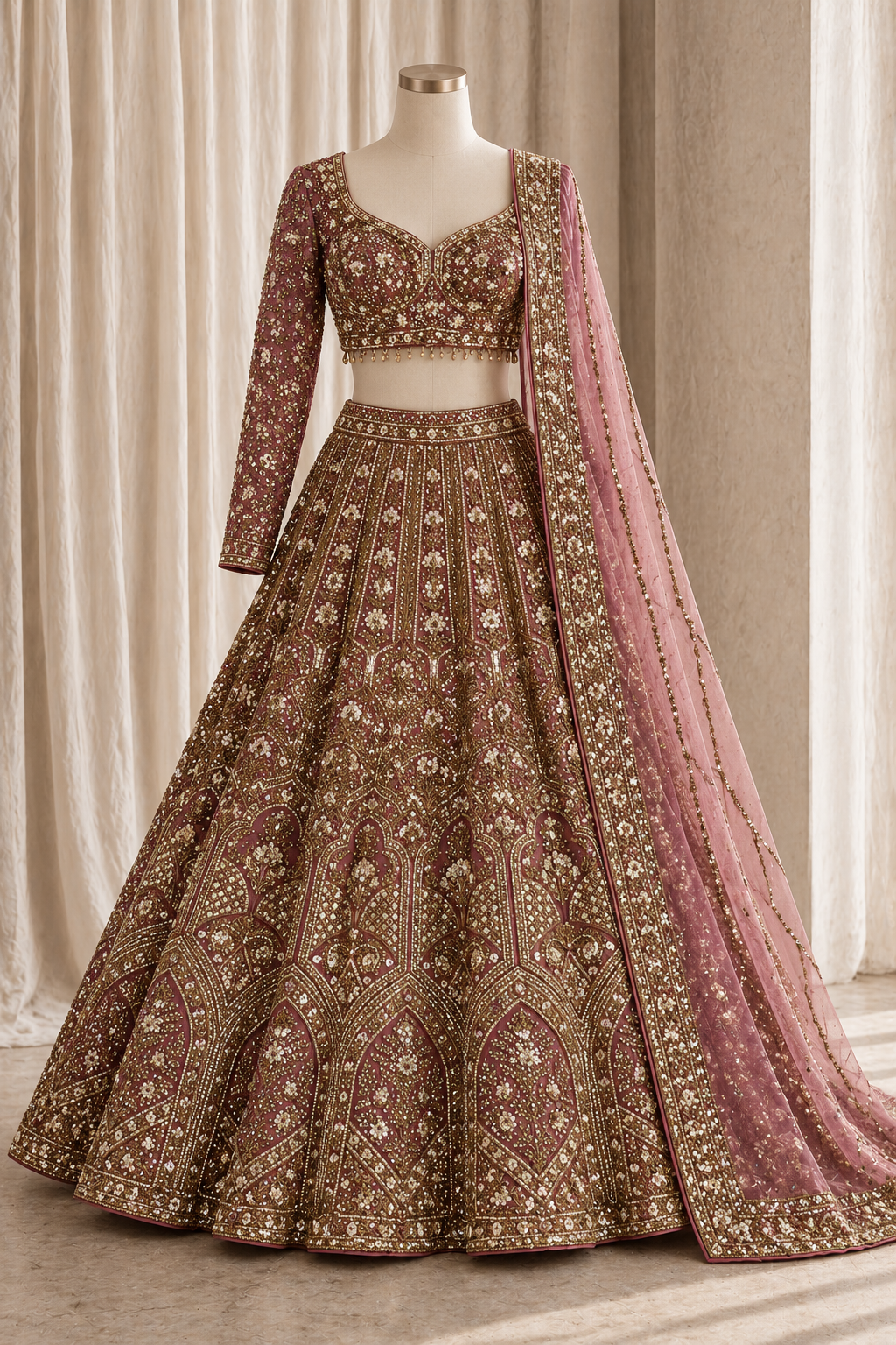 Exceptional Soft Net Fabric and Rust Color With Antique Copper Work With Lehenga Choli