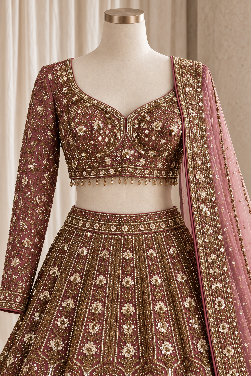 Exceptional Soft Net Fabric and Rust Color With Antique Copper Work With Lehenga Choli