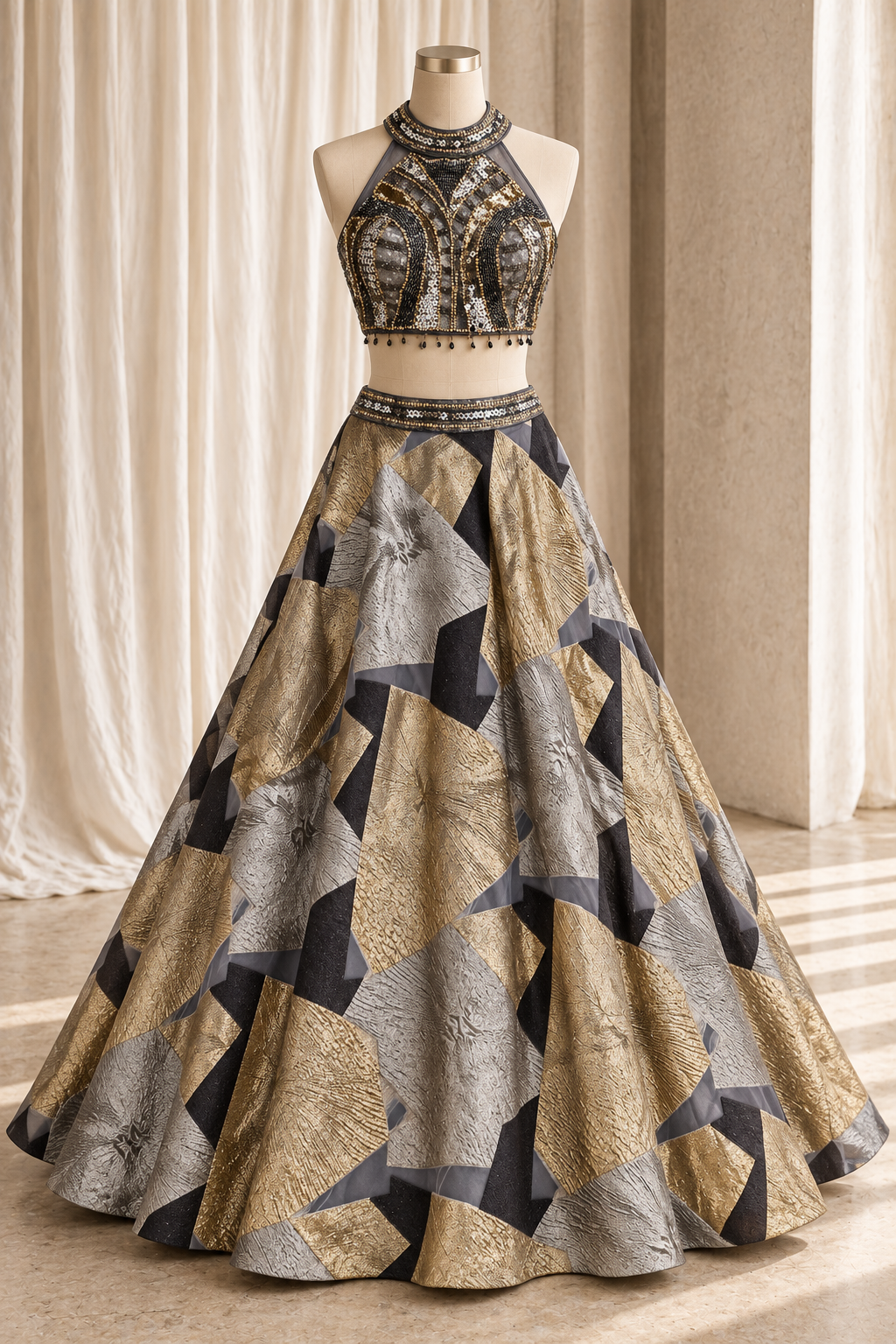 Combination Organza Fabric and Grey Color With Weaving Print Work With Lehenga Choli