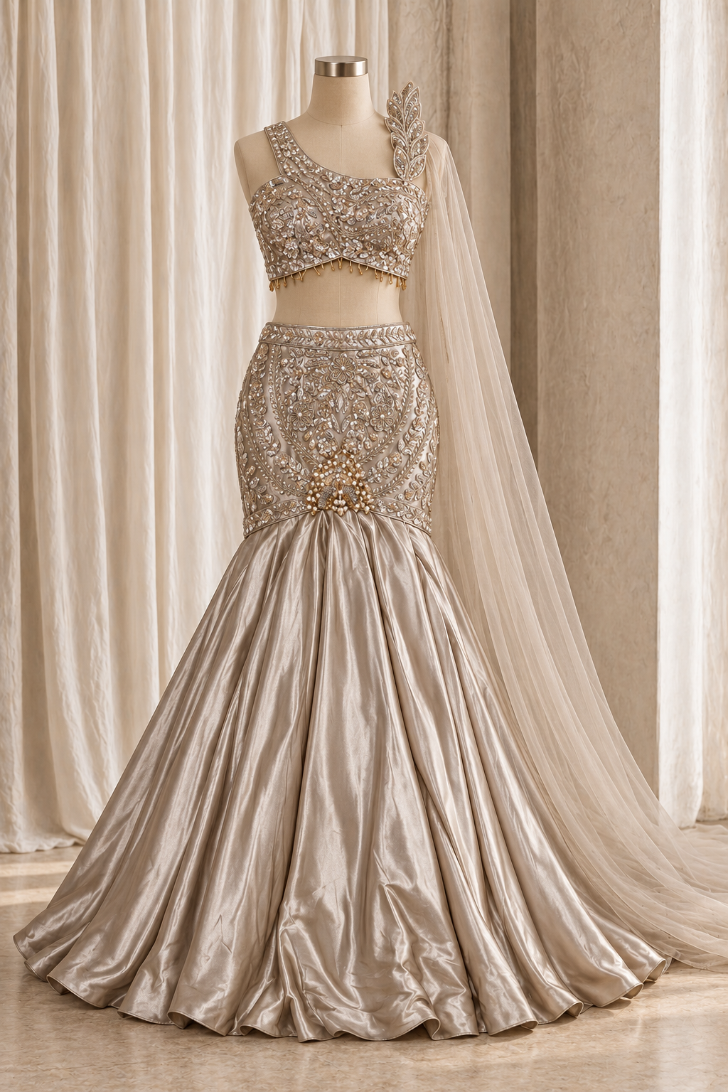 Paradise Shimmer Satin Fabric and Silver Color With Sequins Work With Fishcut Lehenga Choli
