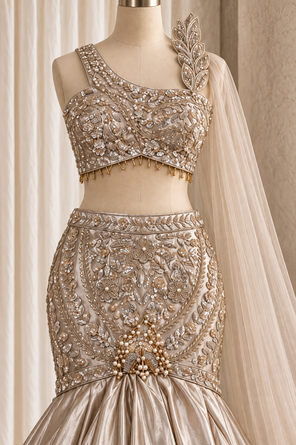 Paradise Shimmer Satin Fabric and Silver Color With Sequins Work With Fishcut Lehenga Choli