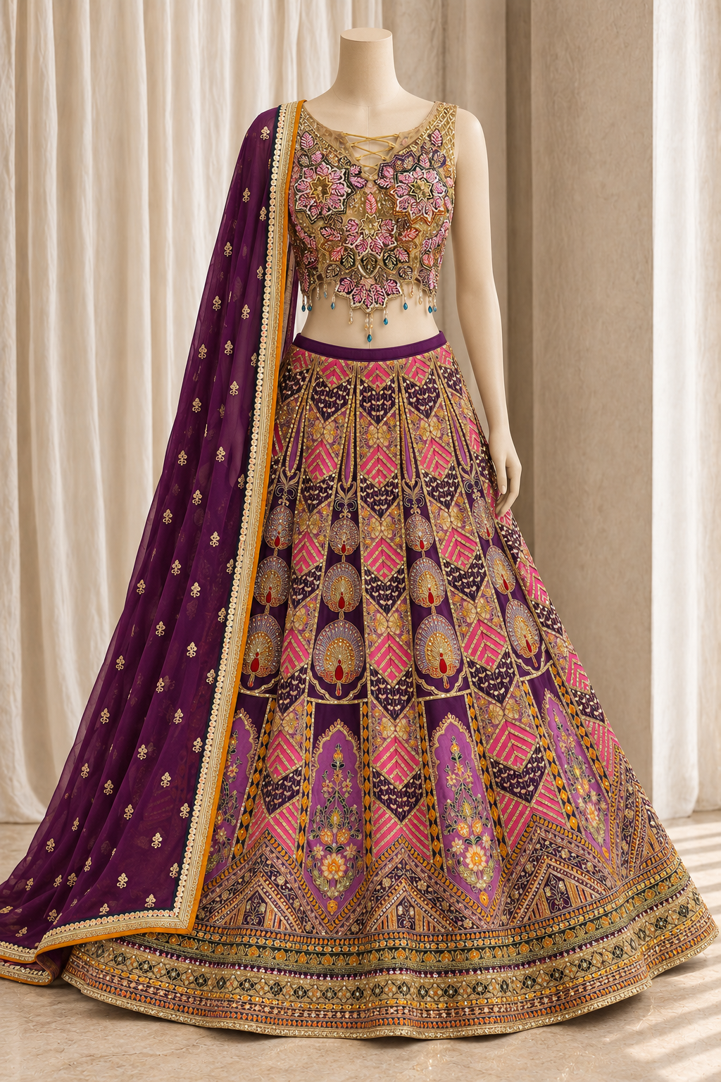 Heaven Crepe Fabric and Purple Color With Marodi Work Lehenga Choli