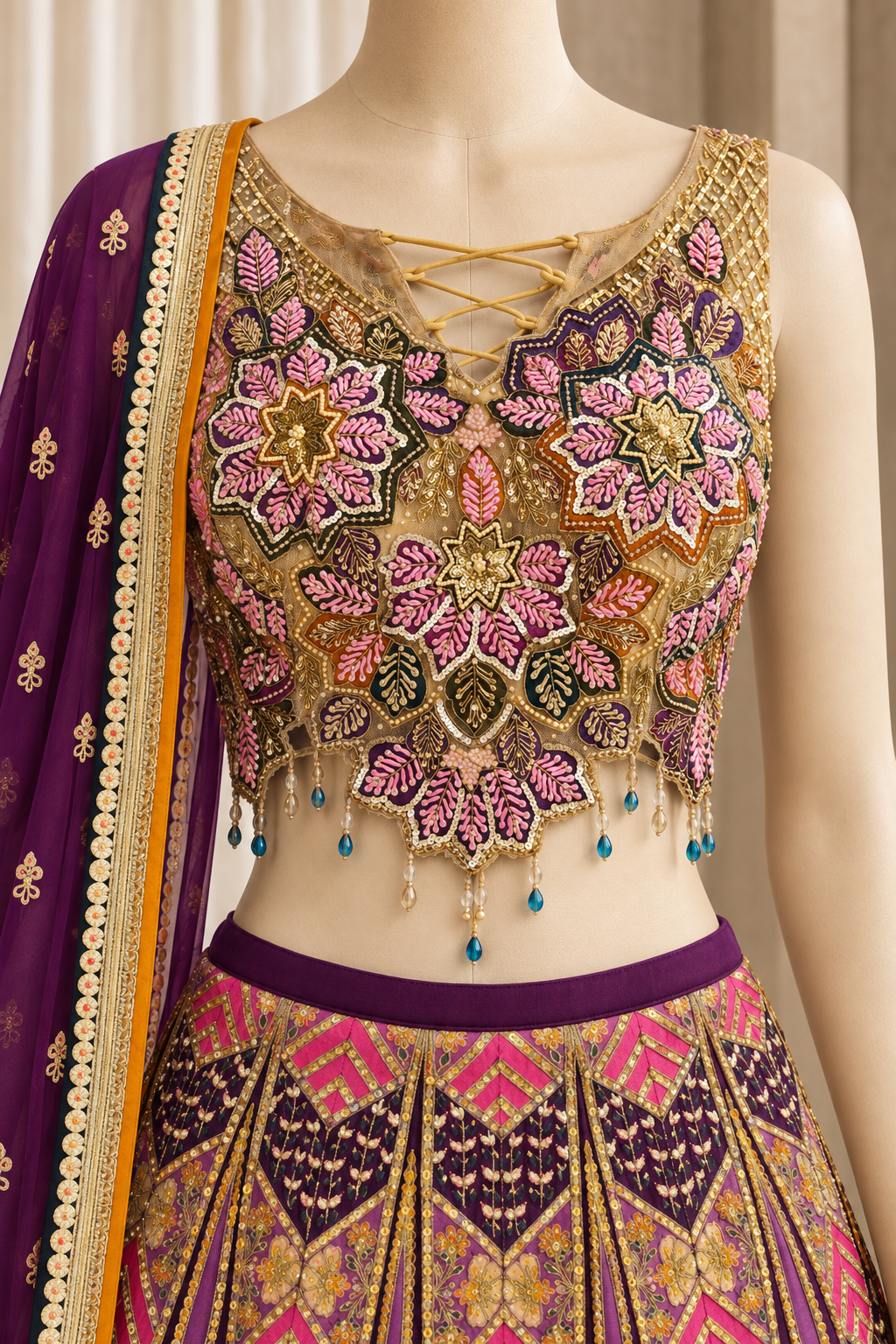Heaven Crepe Fabric and Purple Color With Marodi Work Lehenga Choli
