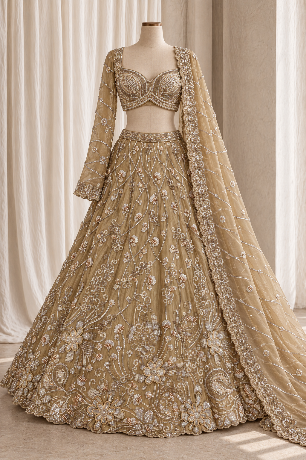 Compliment Organza Fabric and Beige Color With Dori Work Lehenga Choli
