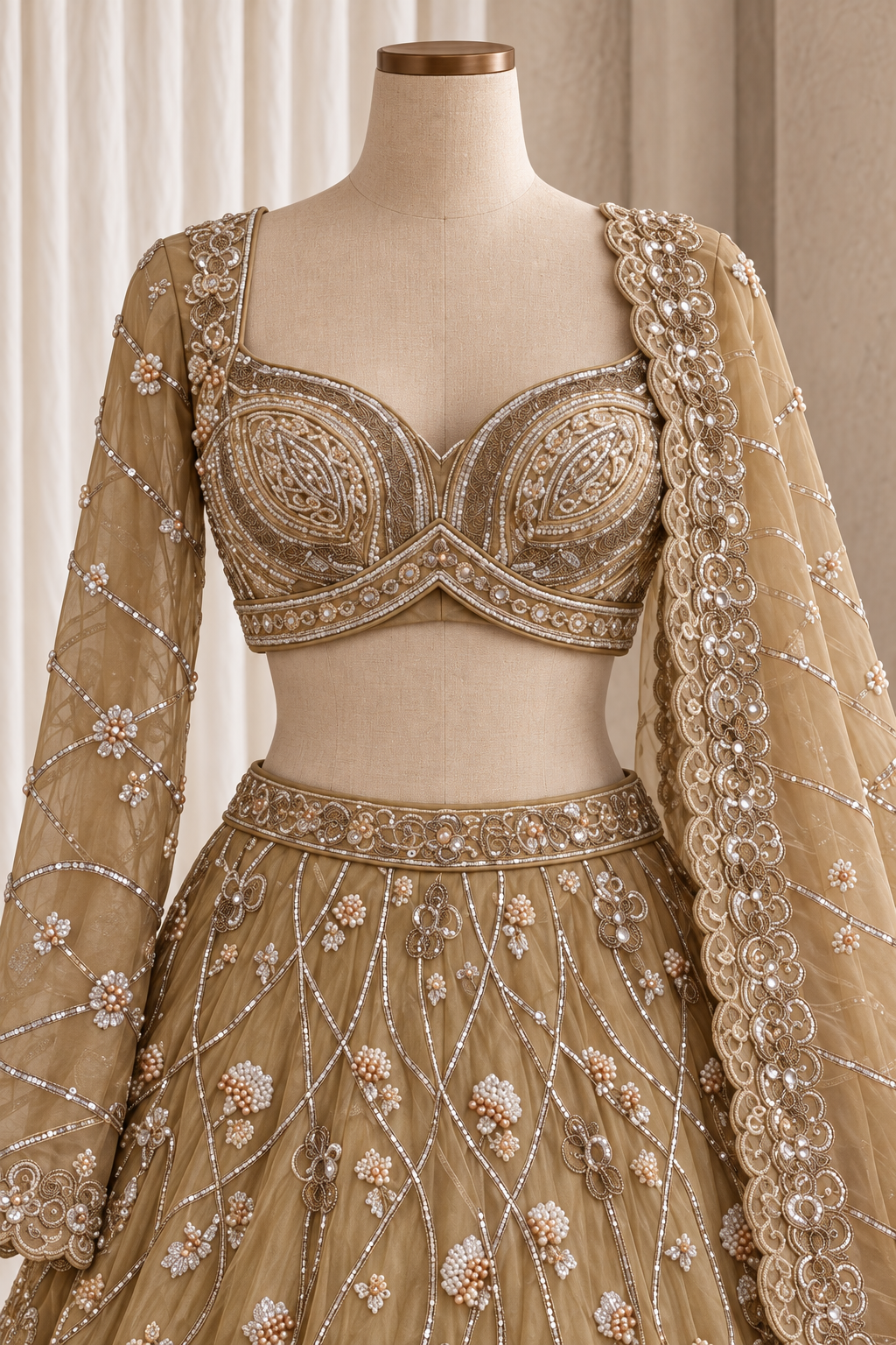 Compliment Organza Fabric and Beige Color With Dori Work Lehenga Choli