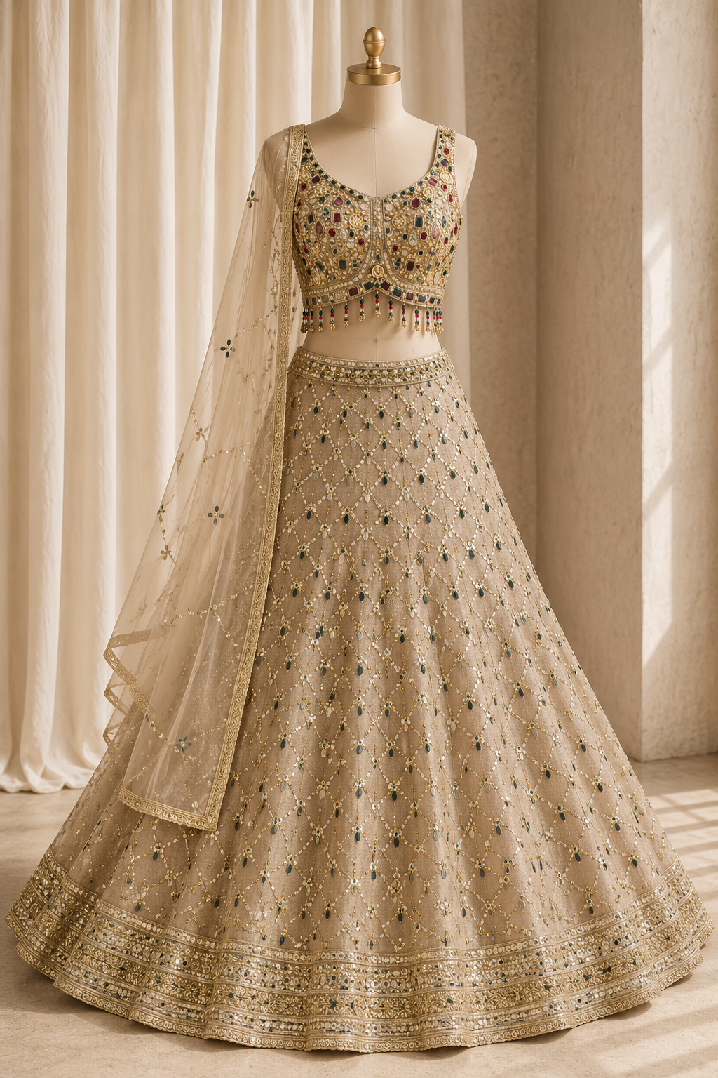 Wonderful Multi Stone Work and Tissue Silk Fabric Gold Color Lehenga Choli