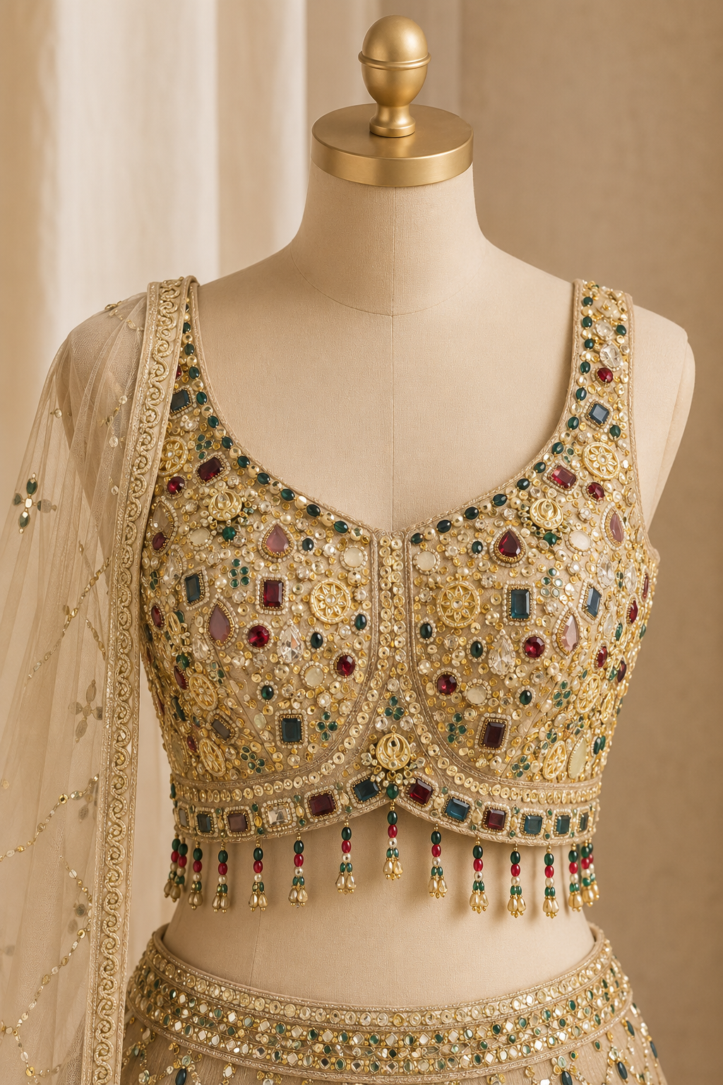 Wonderful Multi Stone Work and Tissue Silk Fabric Gold Color Lehenga Choli