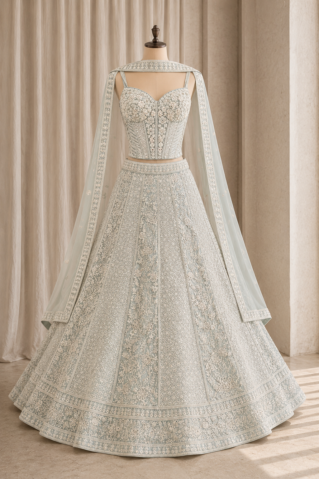 Gorgeousness Lakhnowi Work and Georgette Fabric Pastel Green Color Lehenga Choli