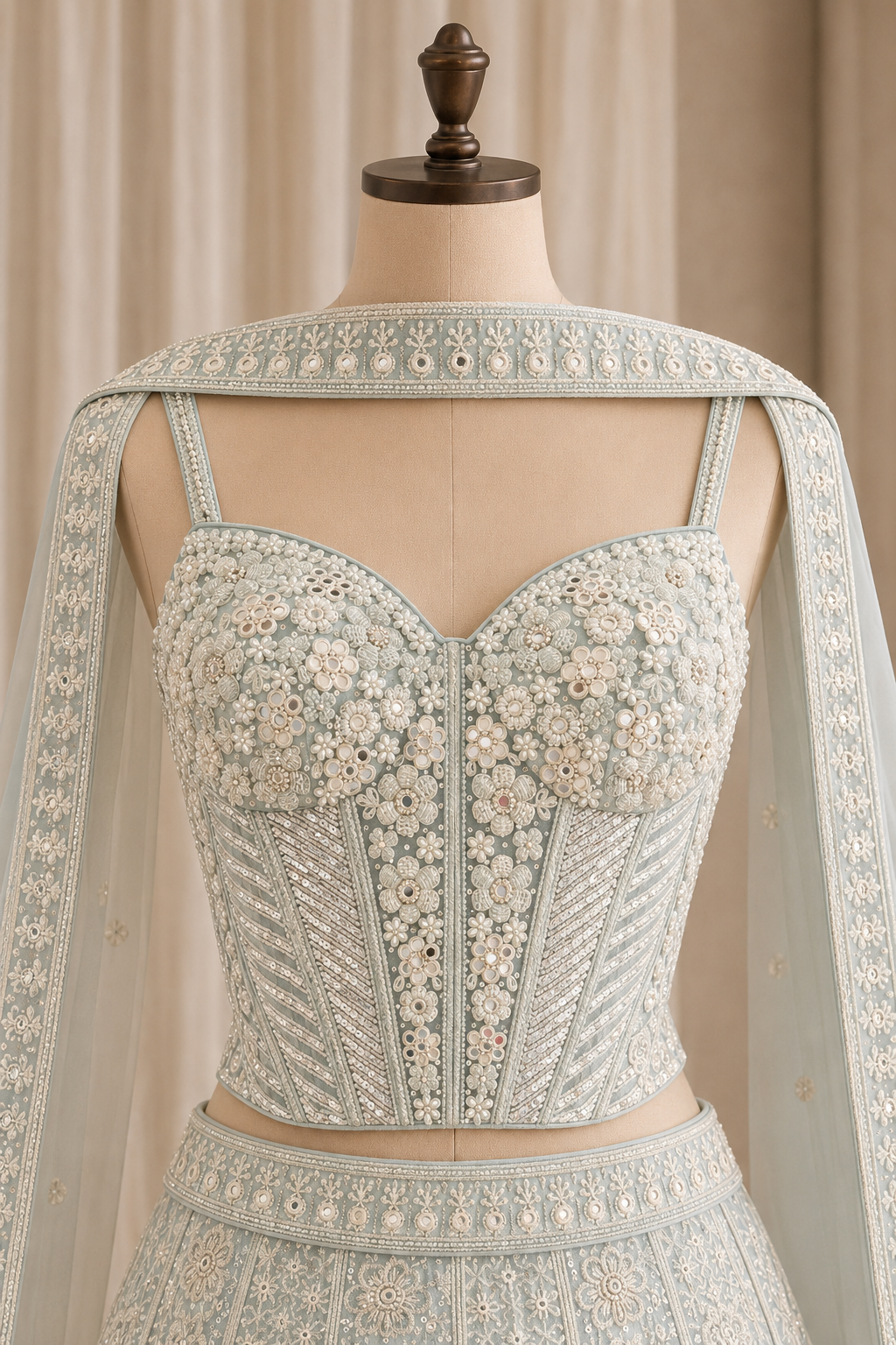 Gorgeousness Lakhnowi Work and Georgette Fabric Pastel Green Color Lehenga Choli