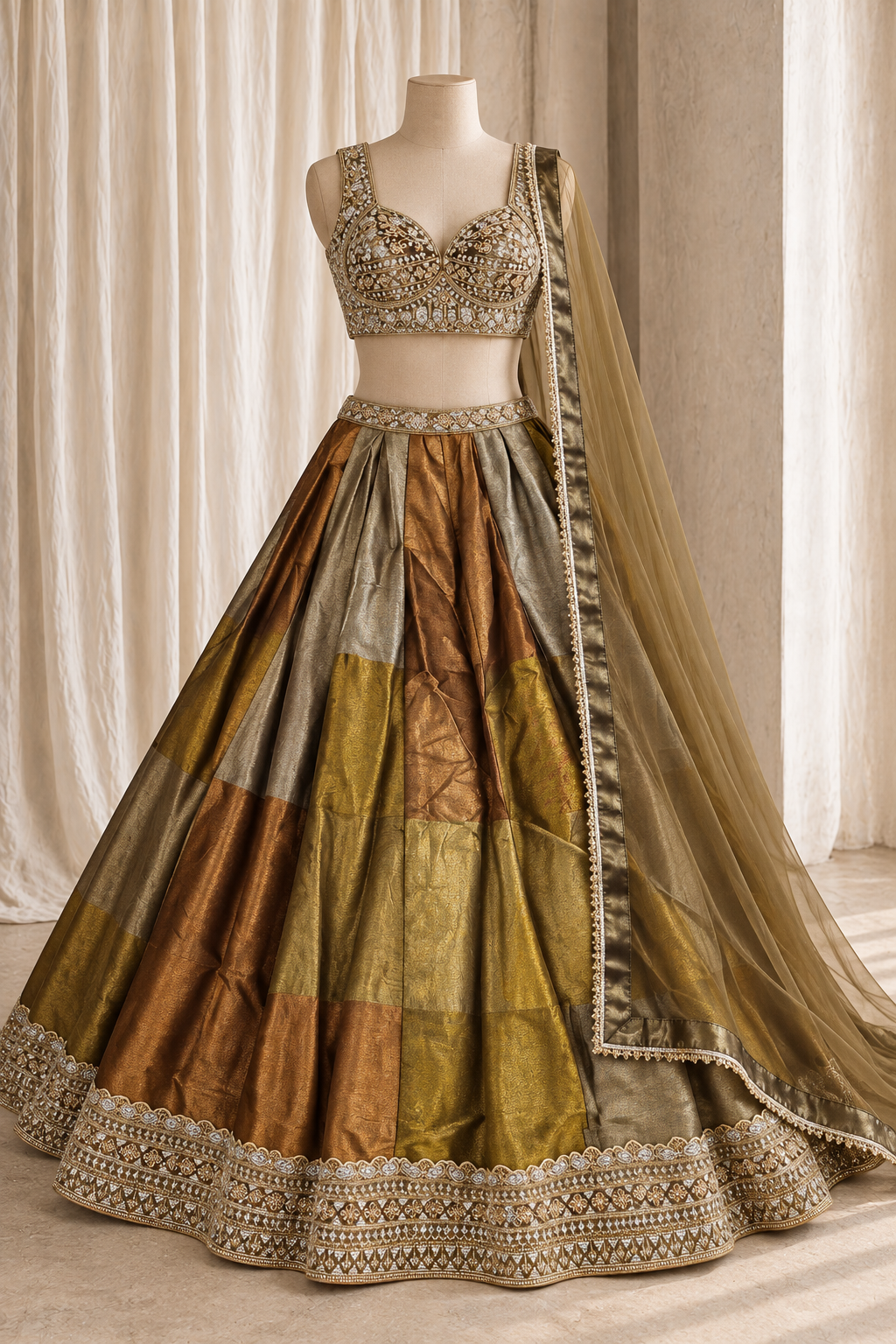 Beauteous Shimmer Fabric and Copper Color With Cutdana Work With Lehenga Choli