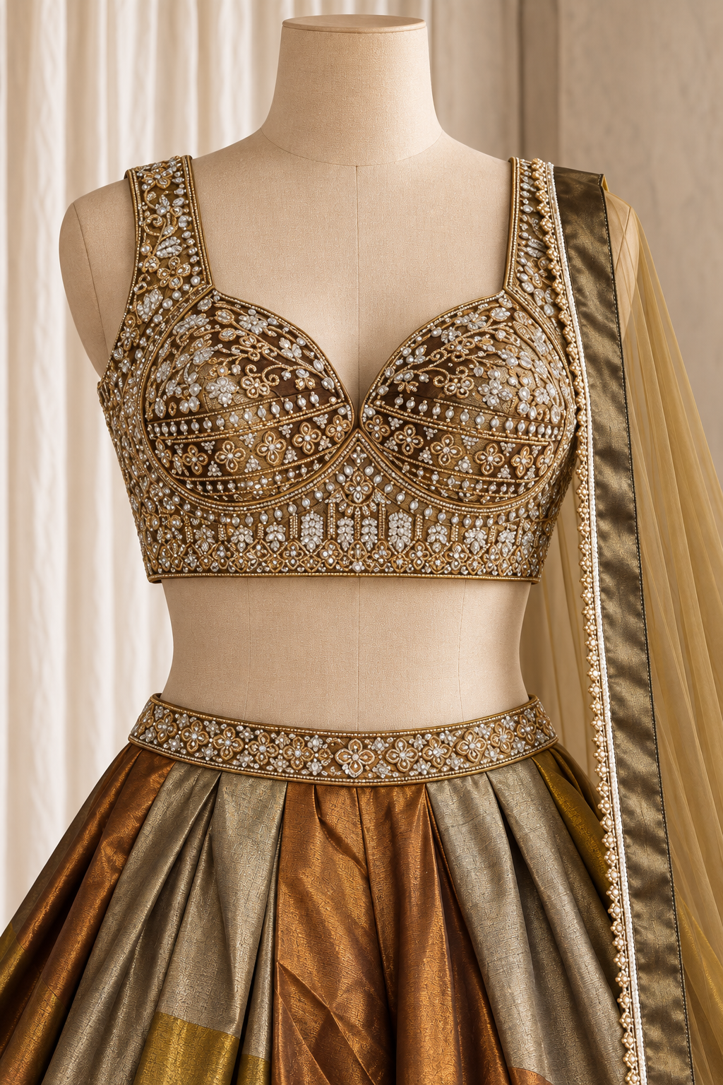 Beauteous Shimmer Fabric and Copper Color With Cutdana Work With Lehenga Choli