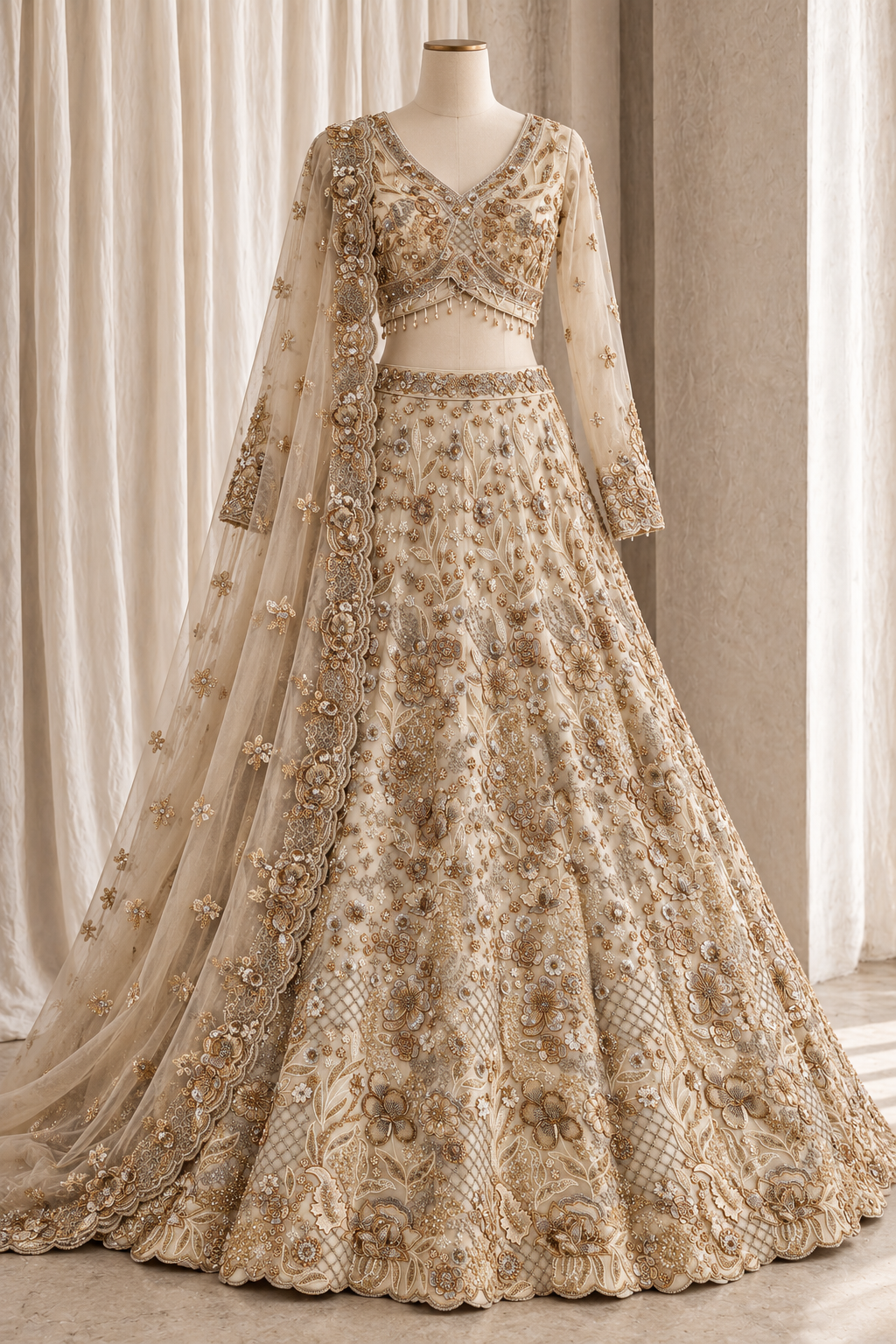 Glorious Soft Net Fabric and Beige Color With Sequins Work With Lehenga Choli
