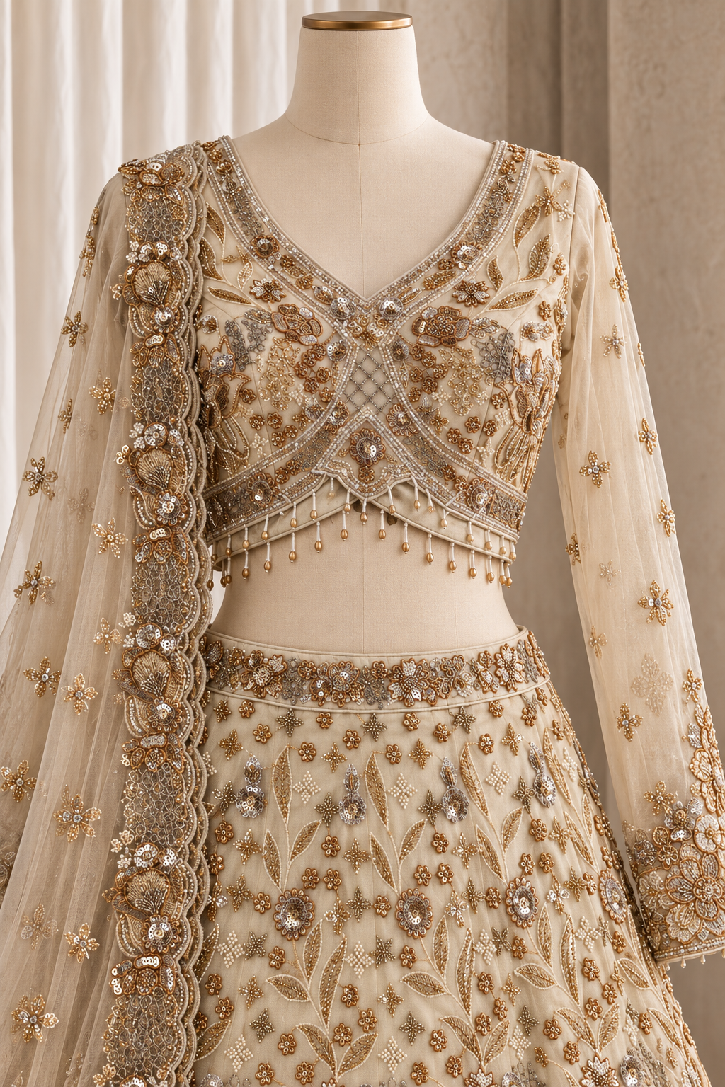 Glorious Soft Net Fabric and Beige Color With Sequins Work With Lehenga Choli
