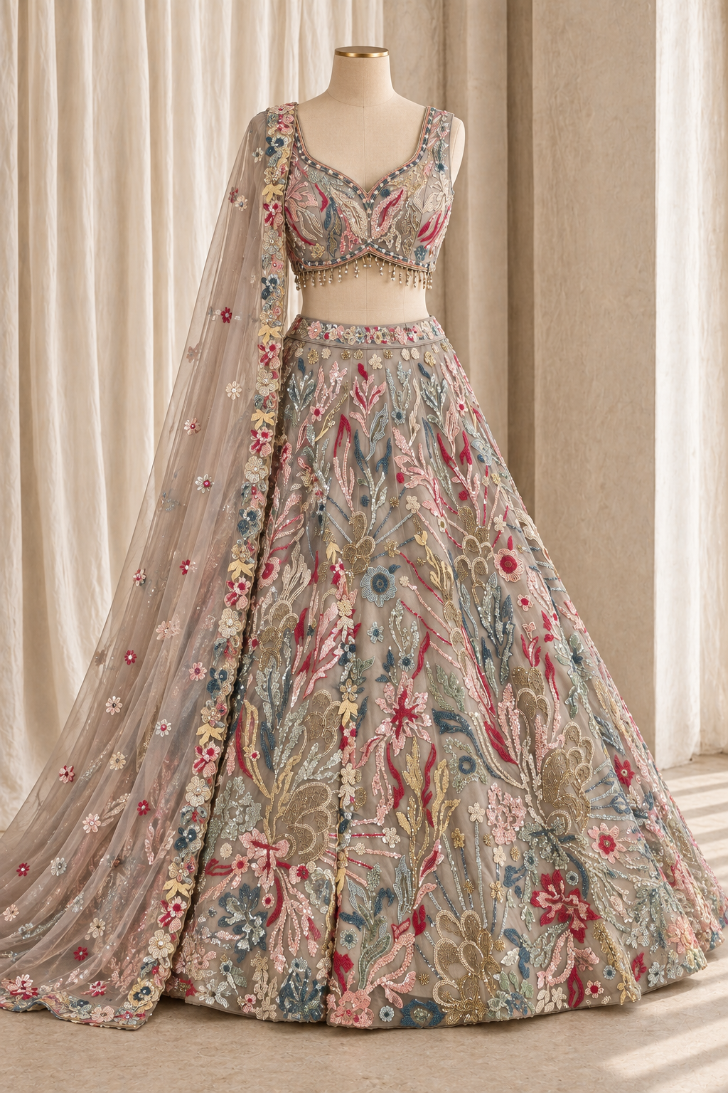 Elegant Soft Net Fabric and Grey Color With Sequins Work With Lehenga Choli