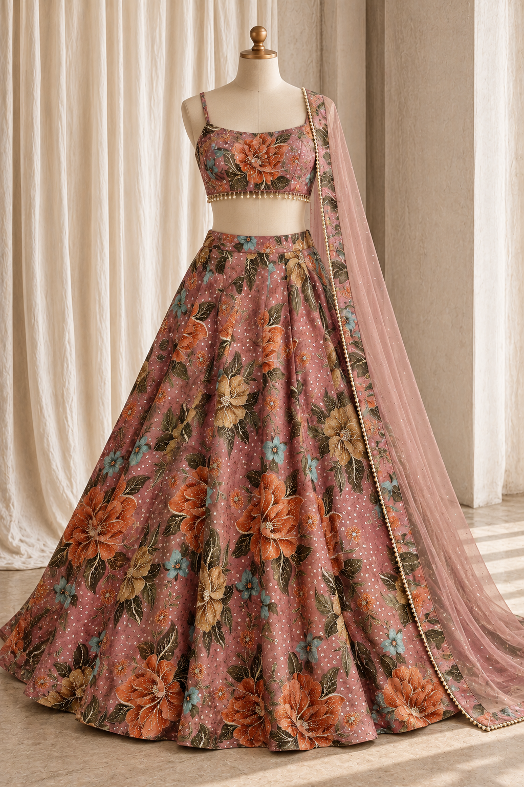 Delightful Tissue Silk Fabric and Mauve Pink Color With Digital Print Work With Lehenga Choli