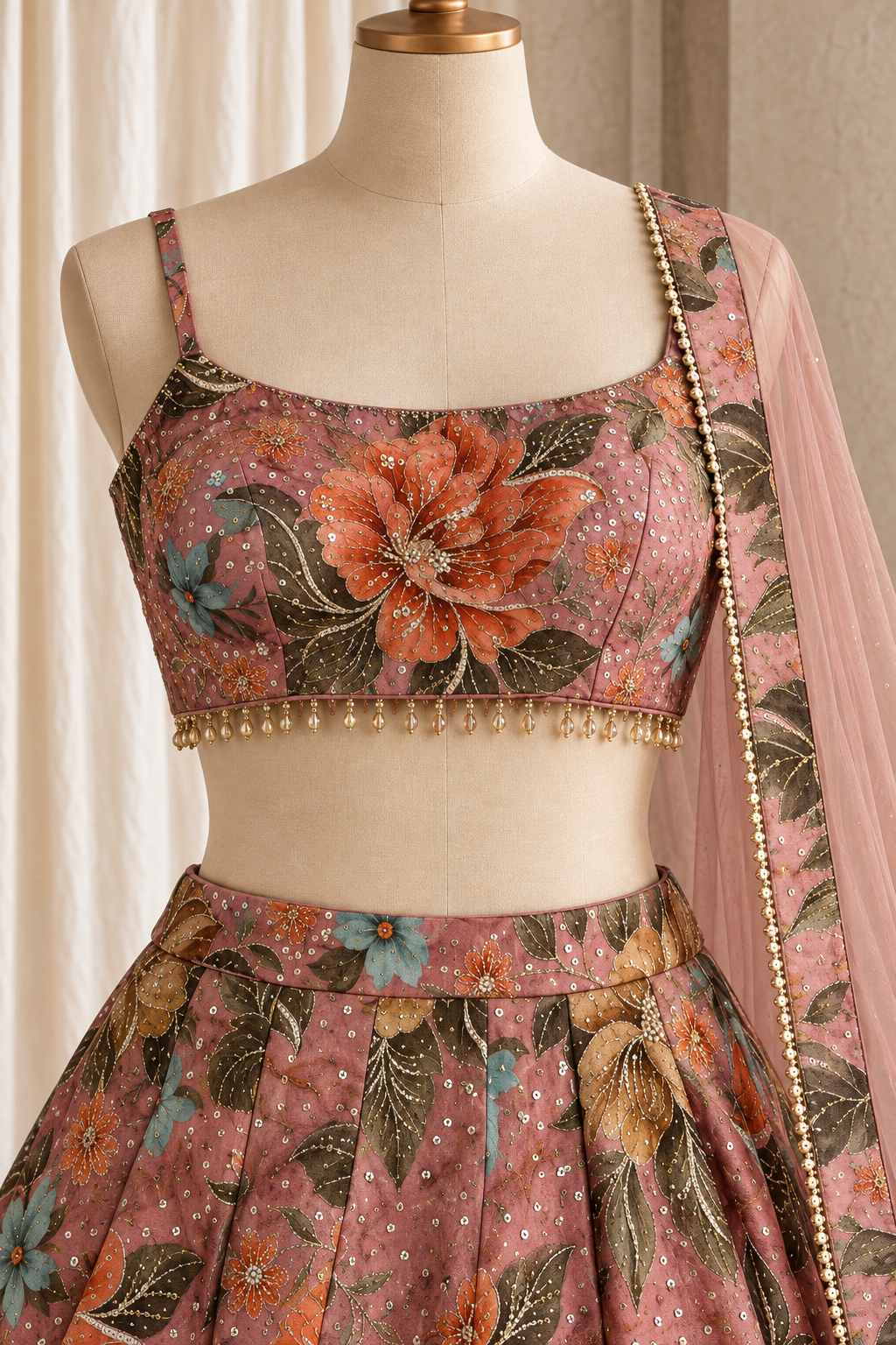 Delightful Tissue Silk Fabric and Mauve Pink Color With Digital Print Work With Lehenga Choli