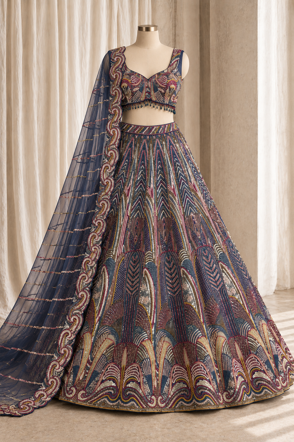 Cute handsome Soft Net Fabric and Navy Blue Color With Sequins Work With Lehenga Choli