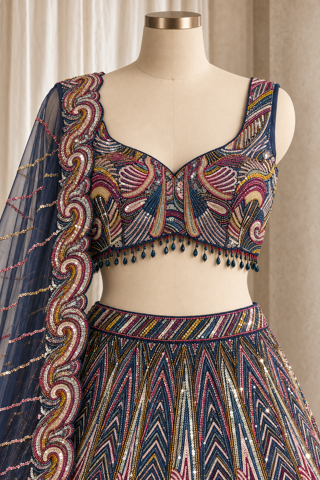 Cute handsome Soft Net Fabric and Navy Blue Color With Sequins Work With Lehenga Choli