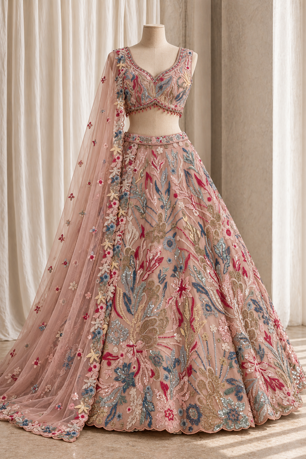 Lovely Soft Net Fabric and Peach Color With Sequins Work With Lehenga Choli