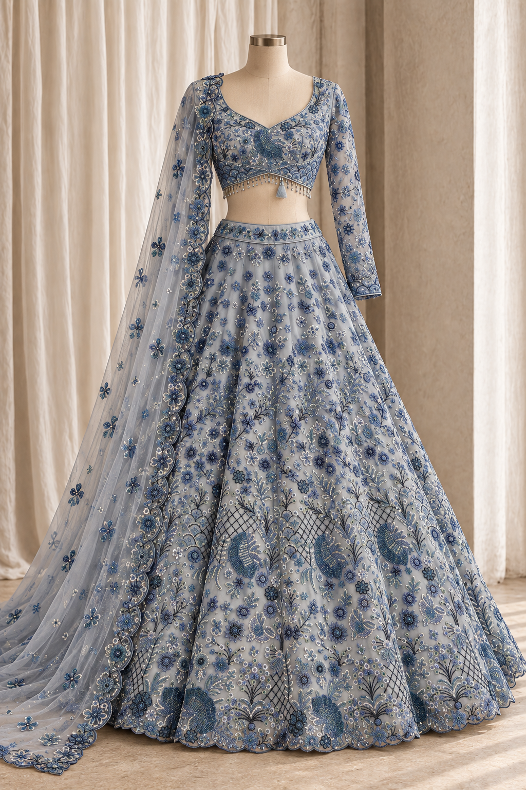 Stunning Soft Net Fabric and Grey Blue Color With Resham Embroidery Work With Lehenga Choli