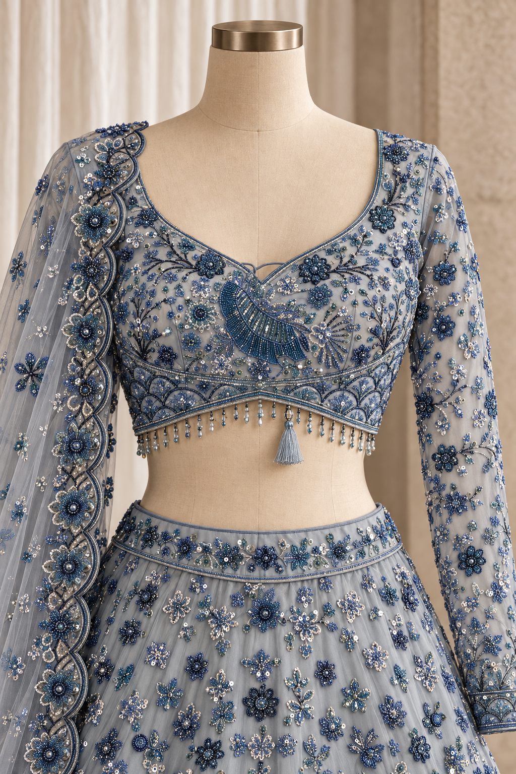 Stunning Soft Net Fabric and Grey Blue Color With Resham Embroidery Work With Lehenga Choli