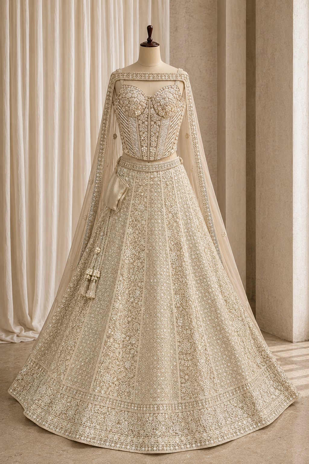 Classy Lakhnowi Work and Georgette Fabric Beige Color Corset Style Lehenga Choli