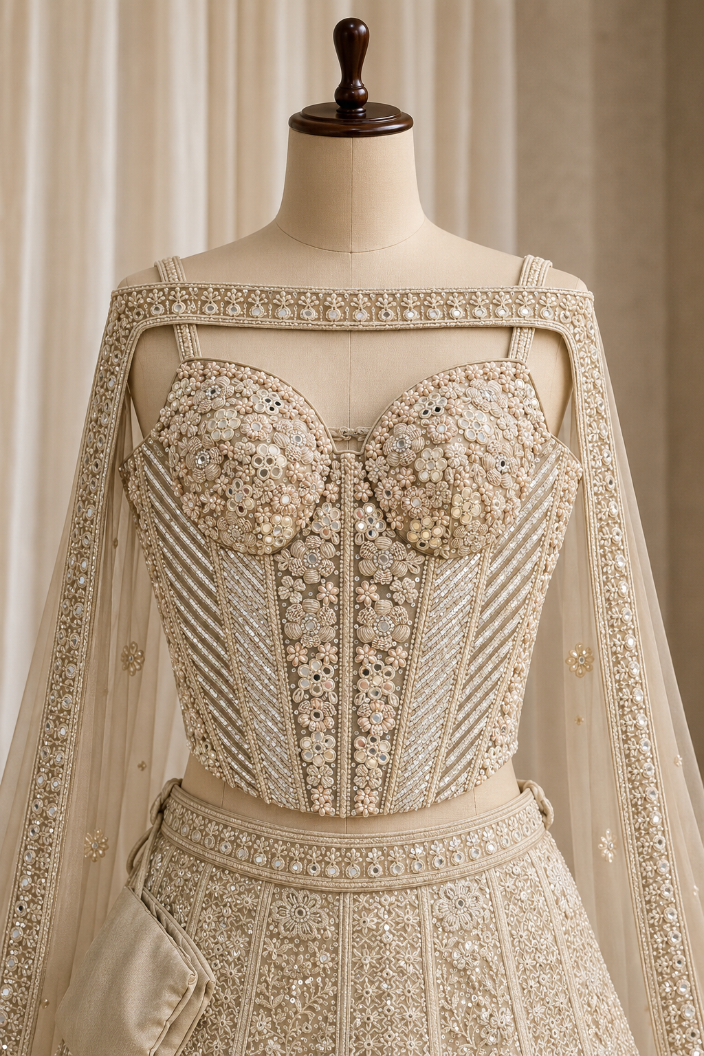 Classy Lakhnowi Work and Georgette Fabric Beige Color Corset Style Lehenga Choli