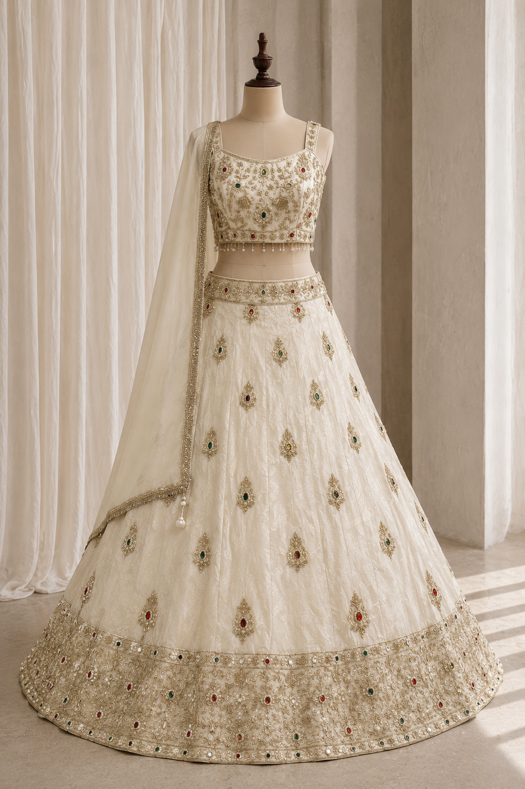 Beautiful Kasab Work and Brasso Silk Fabric Beige Color Lehenga Choli