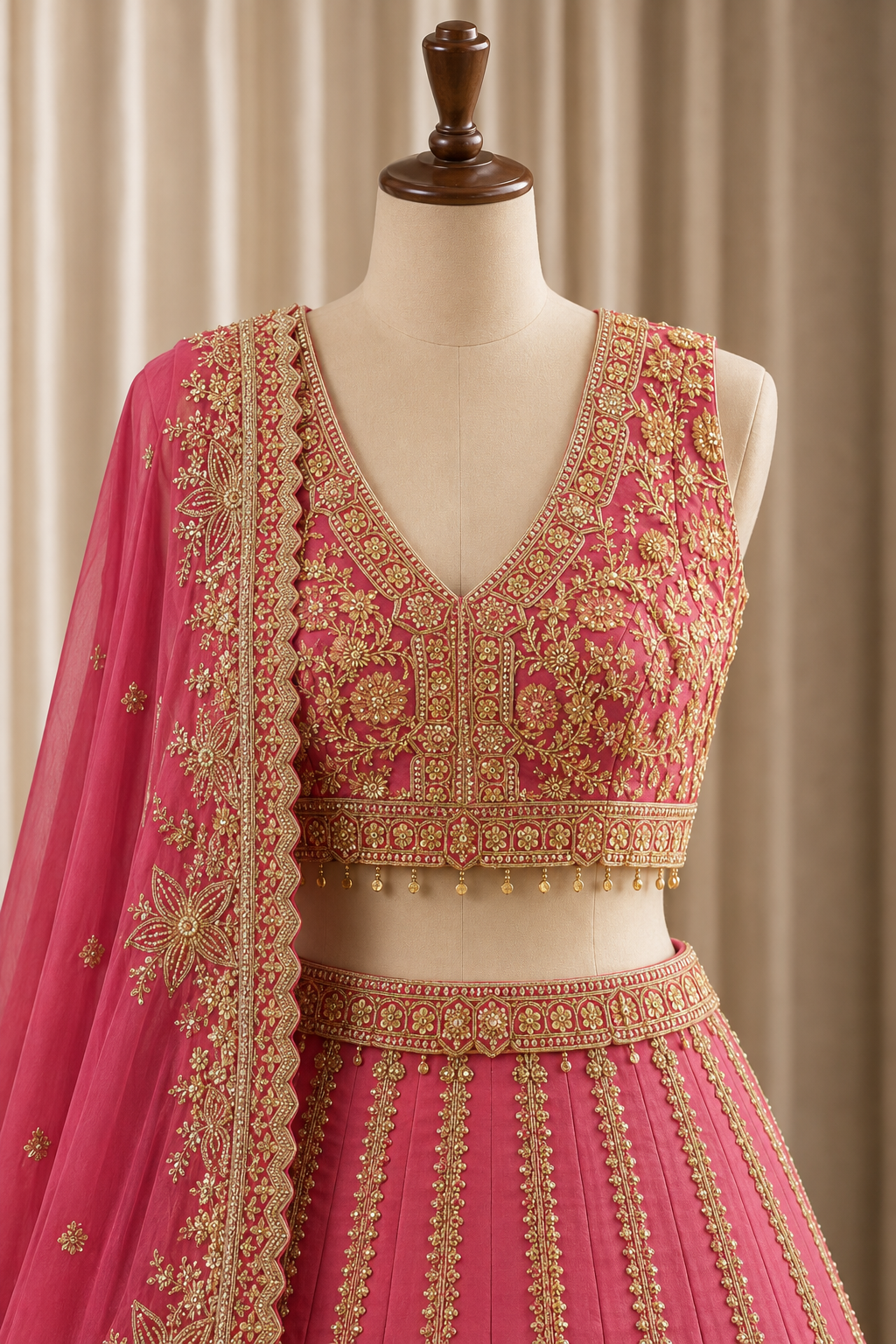 Fabulous Cutdana Stone Work and Banarasi Silk Fabric Rani Color Lehenga Choli