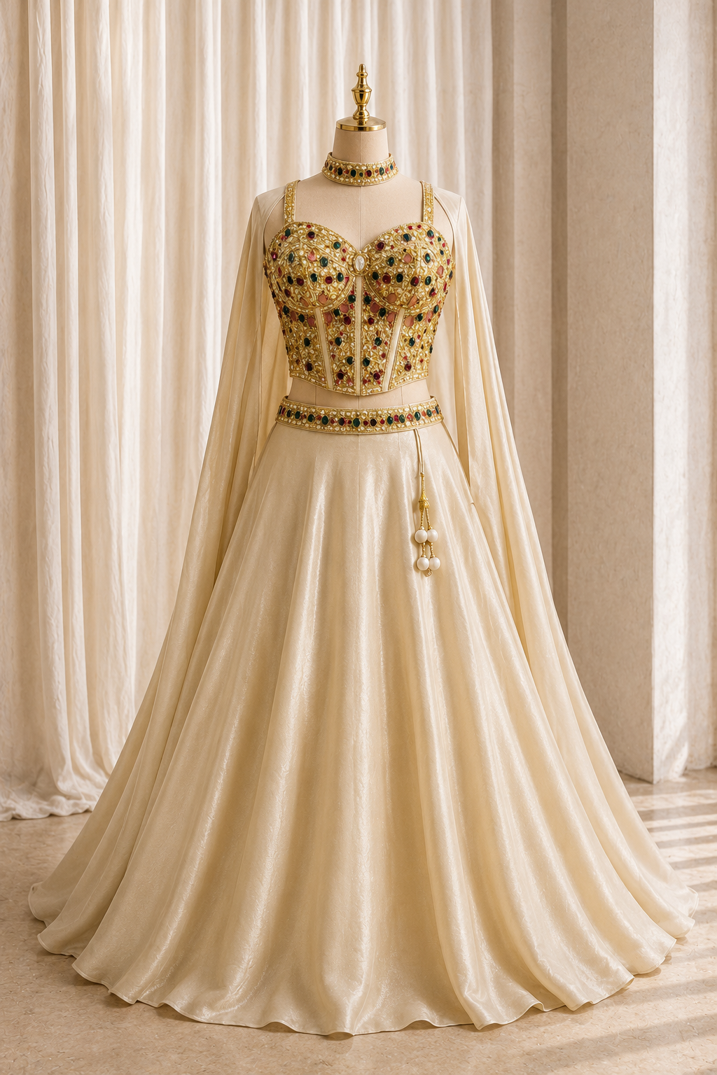 Attractive Zardozi Work and Shimmer Silk Fabric Beige Color Lehenga Choli