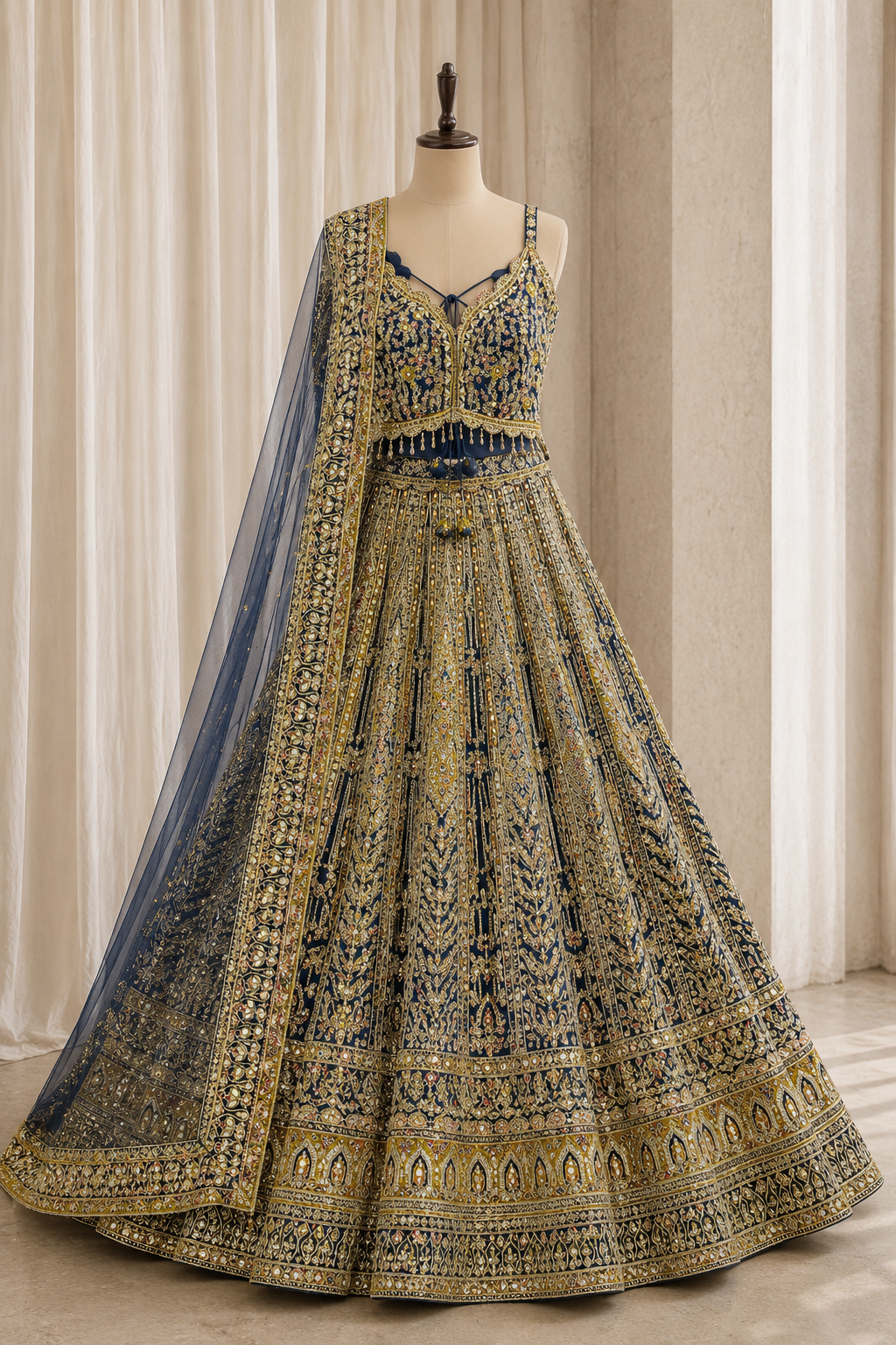 Designer Zari Work and Crepe Silk Fabric Morpich Color Lehenga Choli